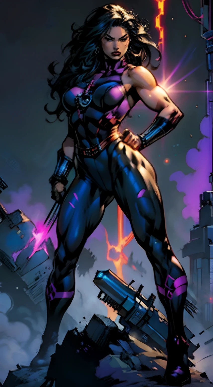 masterpiece, best quality, bronze skinned female, psylocke, abstract background, dynamic pose