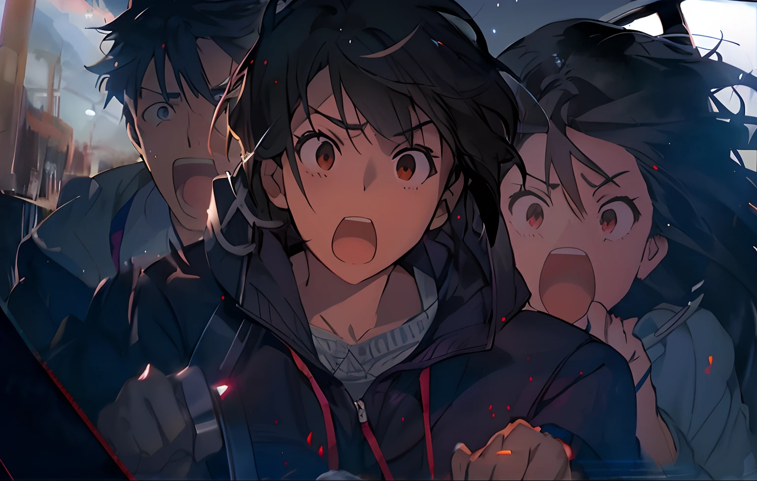 Anime characters open their mouths,A man with a knife, your name movie style, Ross Tran e Makoto Shinkai, anime moe art style, Your name, Guweiz e Makoto Shinkai, screenshot from the anime film, ( ( Makoto Shinkai ) ), style of anime4 K, Guviz