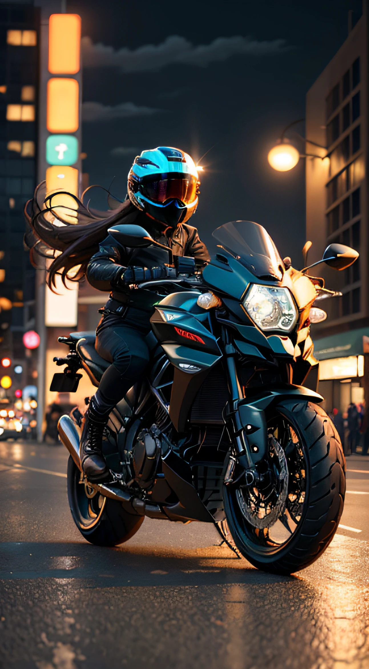 (photore:1.5),(k hd:1.3),(Bokeh:1.5),Motorbike ride through the city under beautiful neon lights and night lights,And drive at a pleasant full throttle,Girl driving motorcycle,A brown-haired,黑The eye,wearing her helmet,It's like a scene in an action movie,Happy expression,Full body like,wide angles