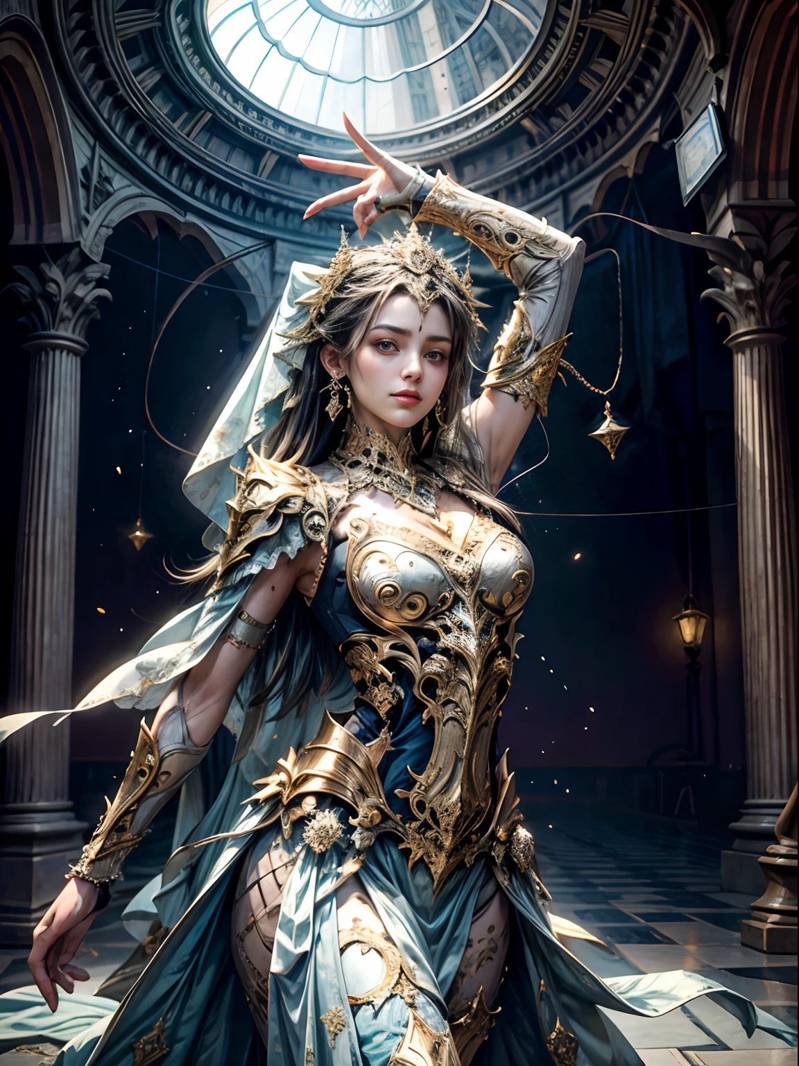 Realistic, Pakistan castle interior Legendary architecture environnement super detailed hyper realistic master piece. 18yo girl is dancing, her beautiful and cute face.