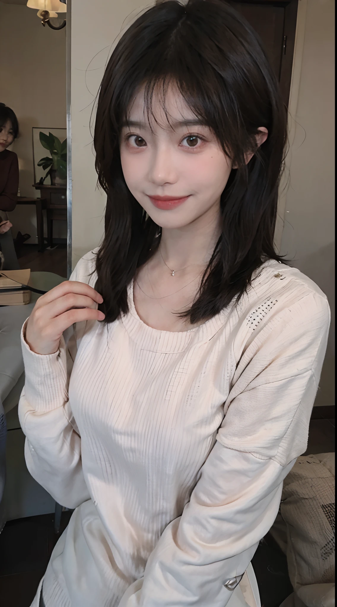 best qualtiy, 超高分辨率, (realisticlying:1.4),cute hairpin,Baoyu Girl,1girll,Long pink sweater,Long pink sweater ,Beautiful woman with a slim figure:1.4, Abs:1.1, (A brown-haired, mideum breasts:1.3), Long pink sweater, 浴室,Ultra-fine face,Elaborate Eyes,二重まぶた,ssmile,choker necklace