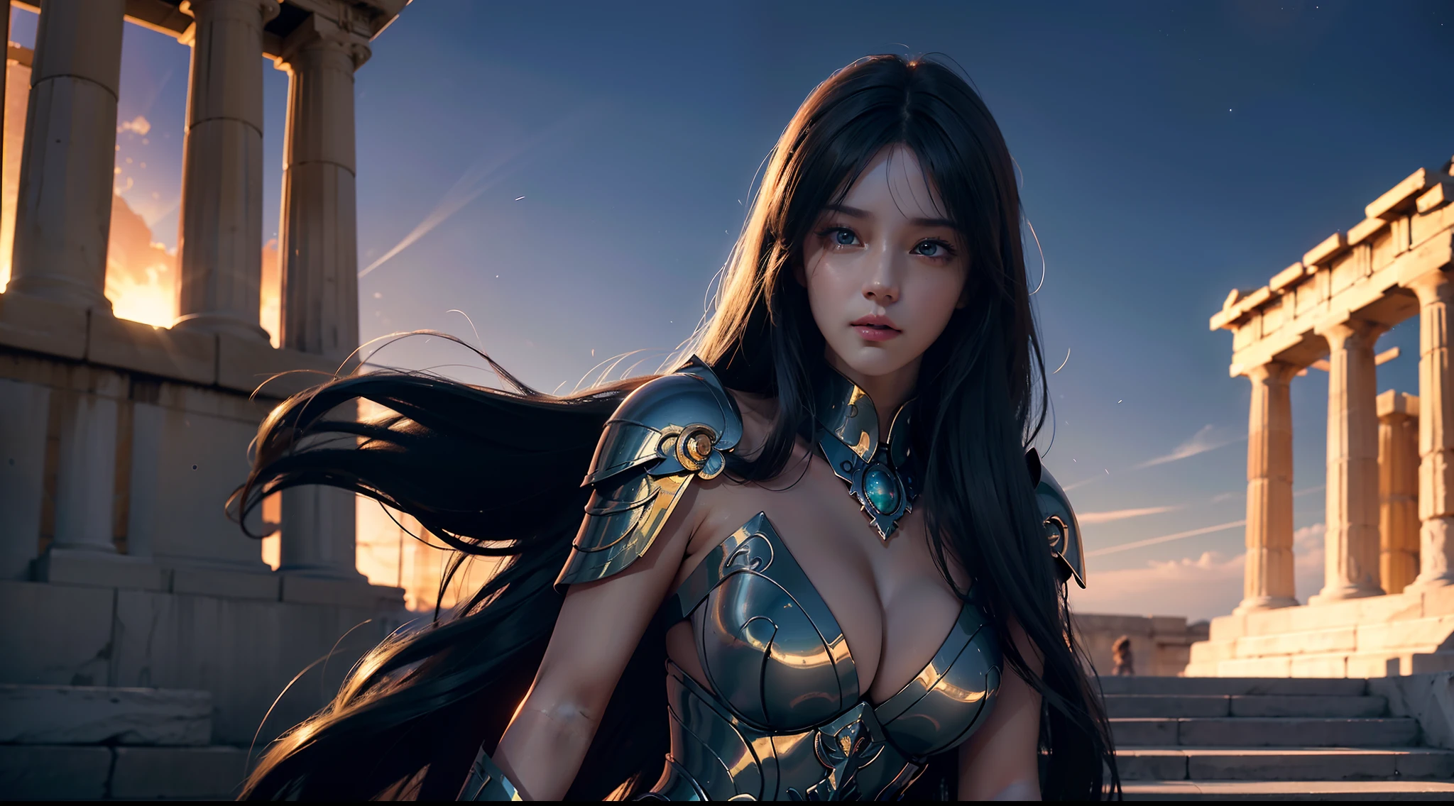 ((best qualtiy)), ((tmasterpiece)), ((Realistis)), (A detailed), (realisticlying:1.5),illusory engine, (High detail: 1.9),(femele:1.4),(big breasts beautiful: 1.4),(carismatic:1.3), (Large breasts), beuaty girl,Exquisite armor,beauitful face, looking at viewert, dynamicposes, In the background is a Greek temple,starrysky,hdr, Ray traching, NVIDIA RTX, Hyper-Resolution, Unreal 5, sub surface scattering, PBR textures, Post-processing, Anisotropic filtering, depth of fields, Maximum clarity and sharpness, trichotomy,8K original,(Luminous Particle:1.4),(VerydetailedCG,Unity 8k壁纸,cinmatic lighting,lens flare glow),Reflectors,Sharp focus,dramatics