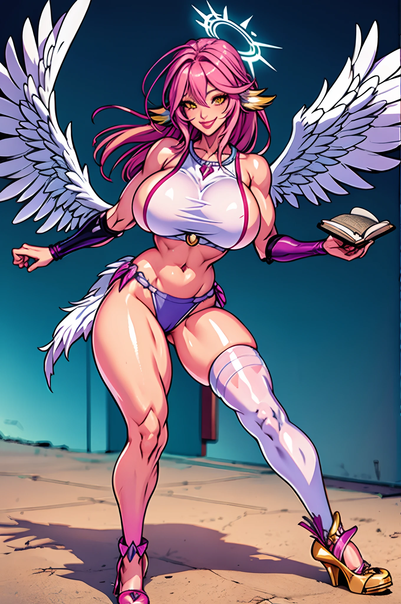 jibril 1girl, solo, long hair, breasts, sideboob, halo, pink hair, pink stocking, low wings, compass rose halo, wings, navel, book, gloves, bird ears, midriff, magic circle, asymmetrical legwear, angel, angel wings, animal ears, very long hair, yellow eyes, white wings, large breasts, mismatched legwear, single shoe, feathered wings, orange eyes, shoes, multicolored eyes, thighhighs, crop top, cross, multicolored hair, gradient hair, looking at viewer,, smile