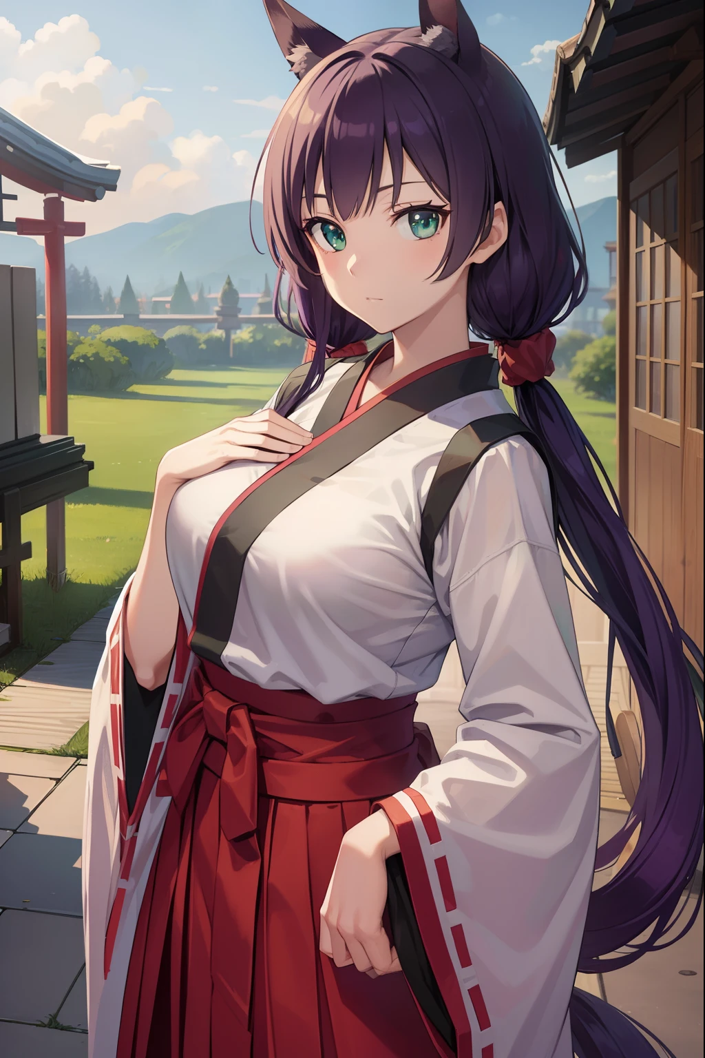 horse ear,Nozomi Tōjō, Nozomi Tojo, (Green eyes:1.5), Purple hair, Twin-tailed, low twintails, Scrunchie, Long hair, (large full breasts:1.2), Blake Hakama, Hakama skirt, komono, shrine maiden, Red Hakama, BREAK looking at viewer, BREAK outdoors, shrines, BREAK (masutepiece:1.2), Best Quality, High resolution, Unity, (Illustration:0.8), (Beautiful detailed eyes:1.6), extra detailed face, Perfect Lighting, extremely details CG, (Perfect hands, Perfect Anatomy),