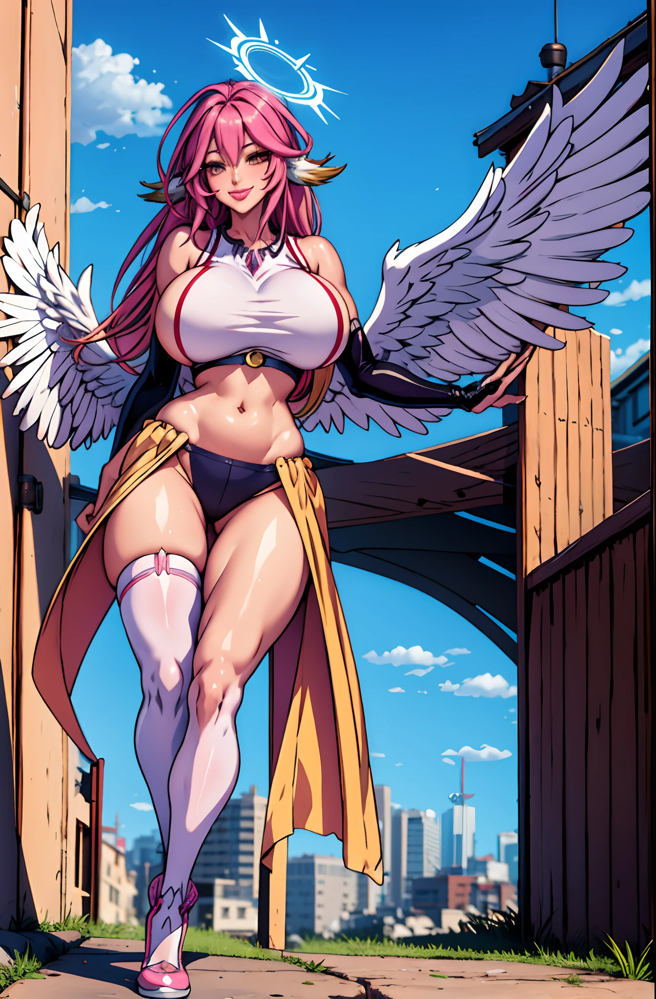 jibril 1girl, solo, long hair, breasts, sideboob, halo, pink hair, pink stocking, low wings, compass rose halo, wings, navel, book, gloves, bird ears, midriff, magic circle, asymmetrical legwear, angel, angel wings, animal ears, very long hair, yellow eyes, white wings, large breasts, mismatched legwear, single shoe, feathered wings, orange eyes, shoes, multicolored eyes, thighhighs, crop top, cross, multicolored hair, gradient hair, looking at viewer,, smile ,walking
