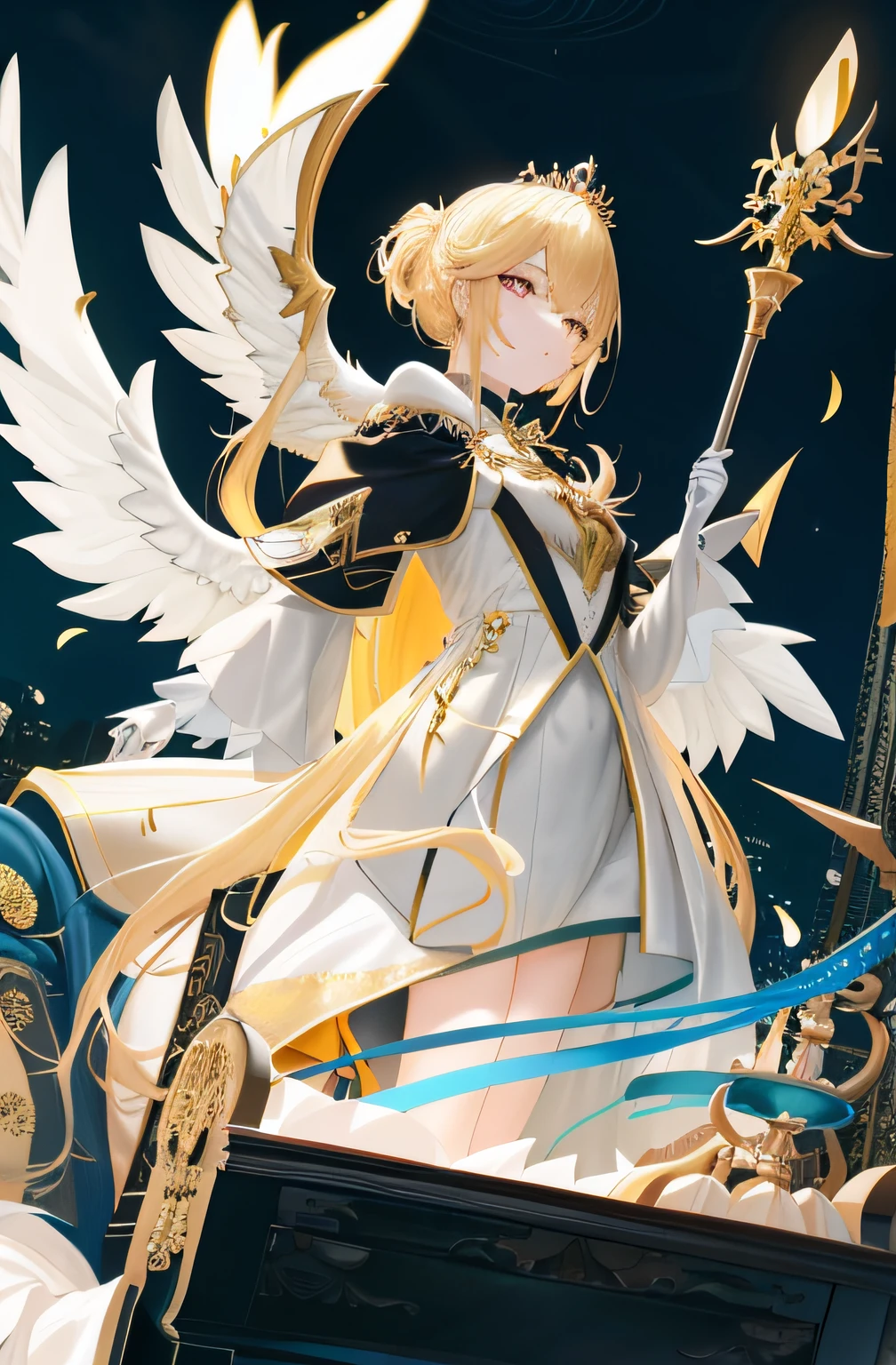 Anime - Stylized image of a woman with a golden cane and wings, red pupils,angel knight girl, Digital art on Pixiv, trending on artstation pixiv, Anime fantasy illustration, Guweiz in Pixiv ArtStation, zerochan art, Anime art wallpaper 8 K, Anime art wallpaper 4 K, Detailed key anime art, Anime art wallpaper 4k, Anime goddess,blond hairbl,(tmasterpiece:1.2), best qualtiy, (illustratio:1.2), (ultra - detailed), Hyper-detailing, (exquisitedetails), (complexdetails), (Movie light, Best quality backlight), 清晰的线条, from below, soloist, Perfect body, (1girll), Blonde hair and yellow eyes, (the emperor, Black sheer clothes), (tiara crown: 1.1), seated on a throne, , Head down, (is shy: 1.2 ), (putting makeup on), hight contrast, (best illuminate, Very creative and beautiful), (cinematric light), Colorful,contempt eyes,