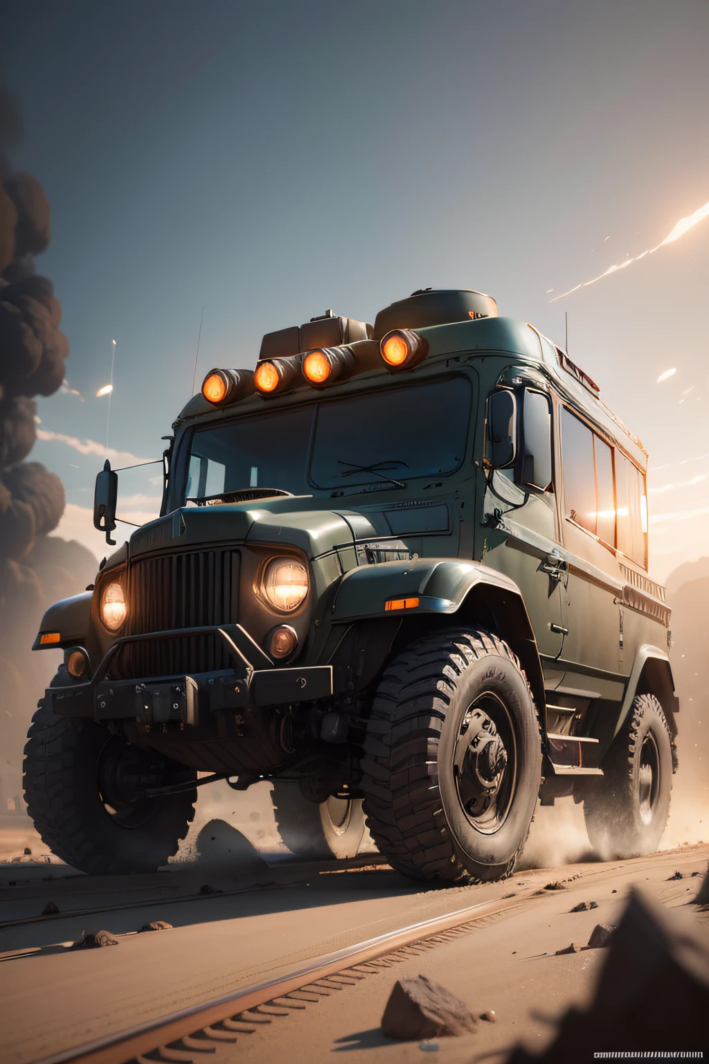 a highly detailed epic cinematic concept art CG render digital painting artwork: dieselpunk patrol car inspired by a locomotive. By Greg Rutkowski, Ilya Kuvshinov, WLOP, Stanley Artgerm Lau, Ruan Jia and Fenghua Zhong, trending on ArtStation, subtle muted cinematic colors, made in Maya, Blender and Photoshop, octane render, excellent composition, cinematic atmosphere, dynamic dramatic cinematic lighting, precise correct anatomy, aesthetic, very inspirational, arthouse