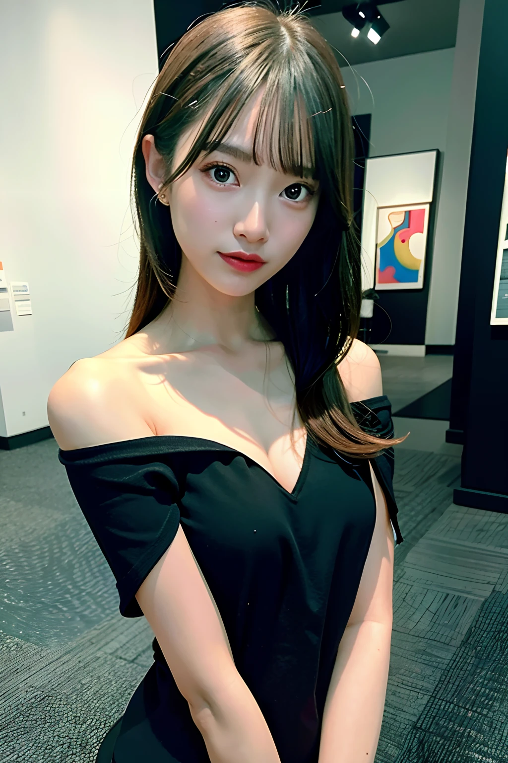 High-fashion photo, editorial photo, 1 Girl Solo, Pretty  girl face, Wearing futuristic off shoulder hoodie, Japanese Models, 25 years old, No makeup, middle breasts, looking at artworks in art museum