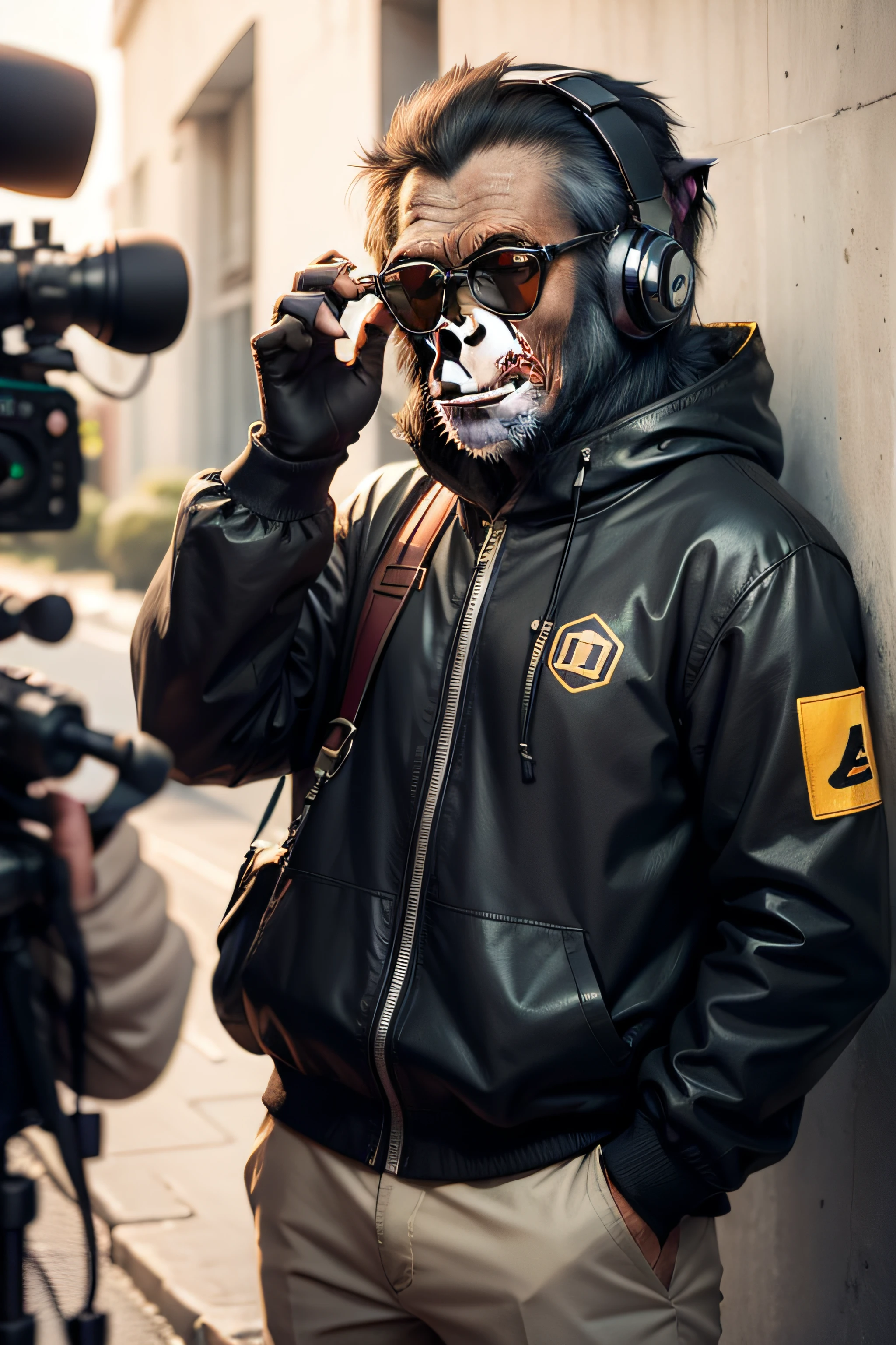 chimpanzee videomaker working, wearing headset and sunglasses in the filming setr