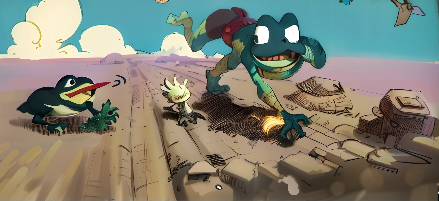 Caricature of a bird and a bird sitting on a dirt road, sticky tar. concept-art, author:Clovis Truyer, anthropomorphic turtle hero, alien frog, Pepe the Frog in the War, animated movie still, as an anthropomorphic turtle, posuka demizu, concept art for a video game, anthropomorphic turtle humanoid,Embossed 3D effect,3d sculpture,Extruding effect