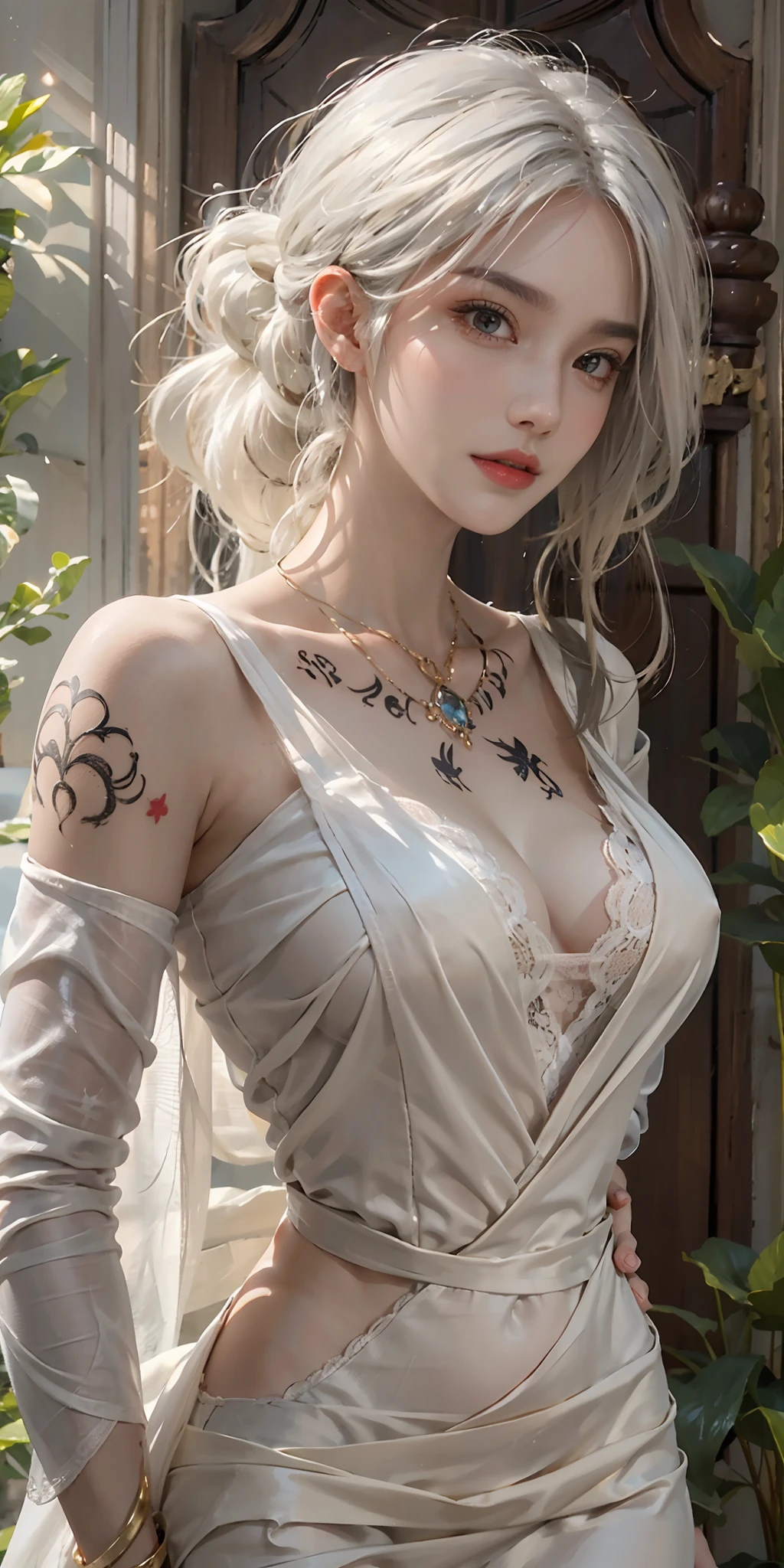 photorealistic, high resolution, soft light,1women, solo, hips up, shining skin, (detailed face),tattoo, jewelry, elegant lace dress, white hair, Beautiful Soldier, Eyes That Invite Viewer, Lover's Perspective, Inviting Expression, Sexy Smile, Perfect Style, Perfect Balance, Detailed Skin, Naughty Gaze, Chest Visible
