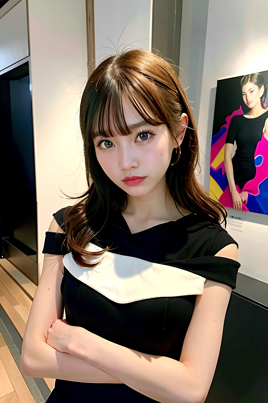 High-fashion photo, editorial photo, 1 Girl Solo, Pretty little girl face, Wearing futuristic off shoulder hoodie, Japanese Models, 25 years old, No makeup, middle breasts, looking at artworks in art museum