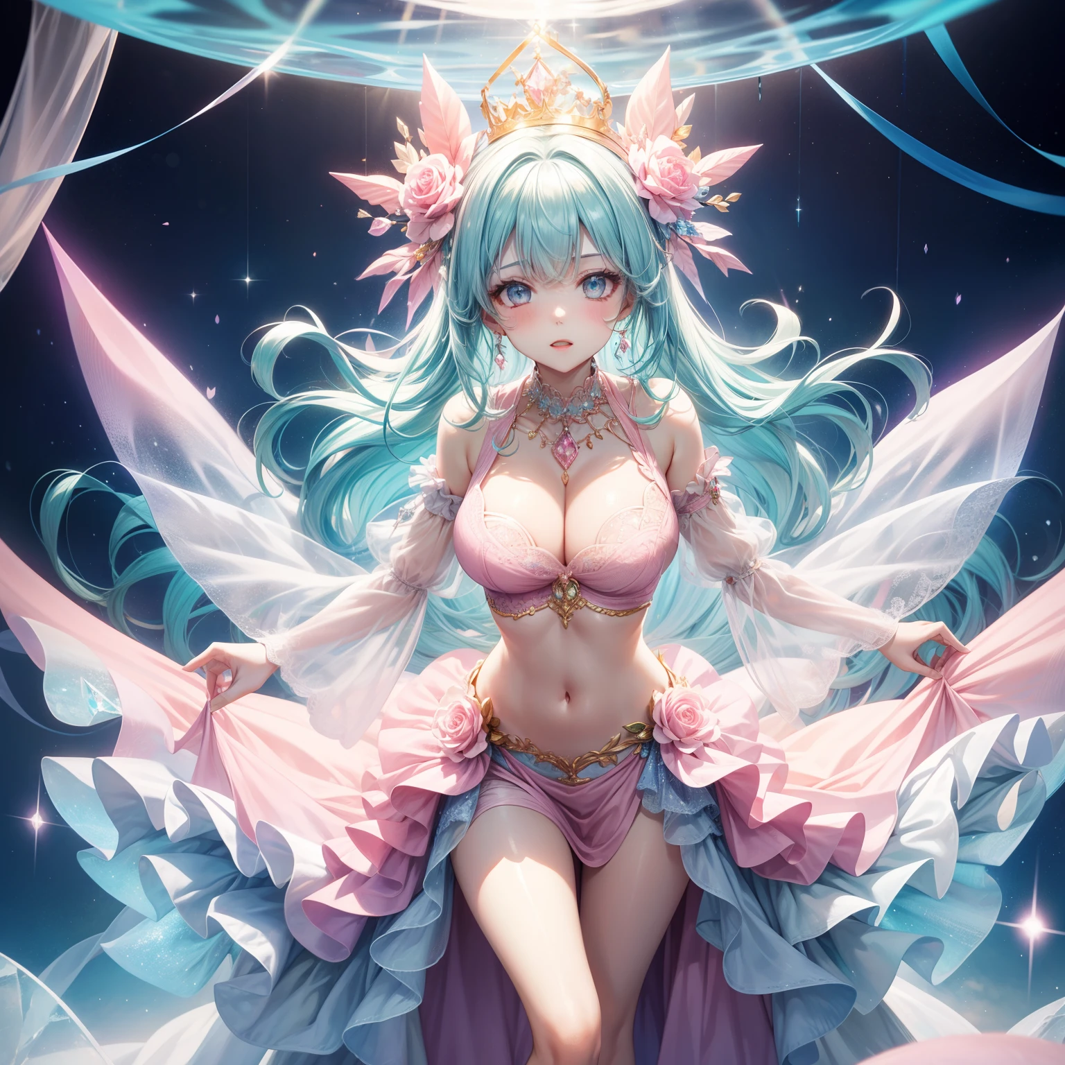one-girl,Light pink blue hair,Translucent light pink lace top,cleavage,Extra large,cropped shoulders,Open navel,Crystal crown,Crystal necklace,crystal earrings,Crystal shoes,in a panoramic view,Dream theme,slender leg,are standing
