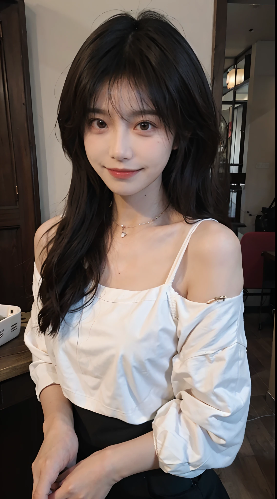 best qualtiy, 超高分辨率, (realisticlying:1.4),cute hairpin,Baoyu Girl,1girll, Beautiful woman with a slim figure:1.4, Abs:1.1, (A brown-haired, mideum breasts:1.3), Long pink sweater:1.1, 浴室,Ultra-fine face,Elaborate Eyes,二重まぶた,ssmile,choker necklace