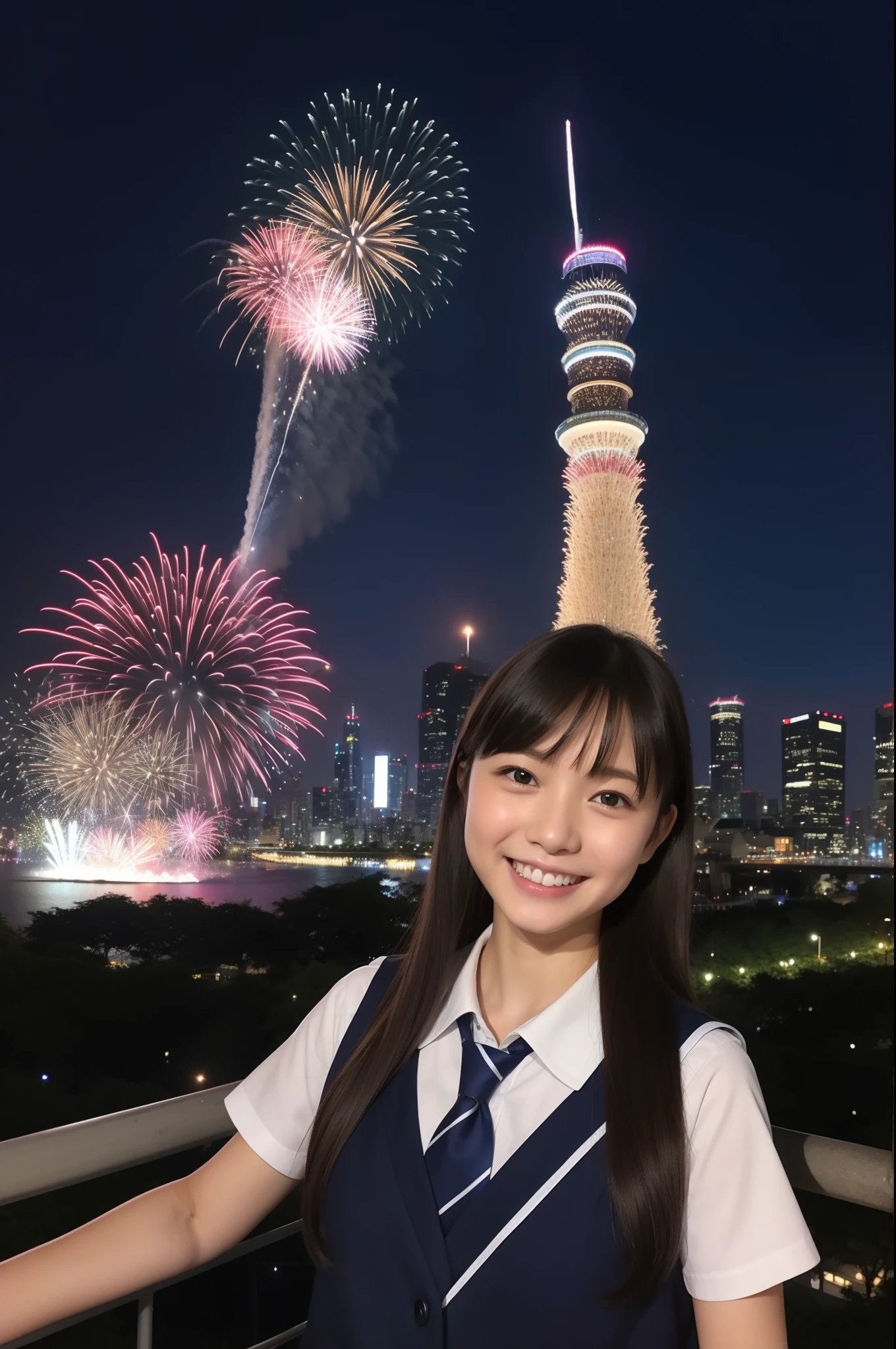 A smile、hi-school girl、校服、While doing fireworks、mare、Tokyo Skytree