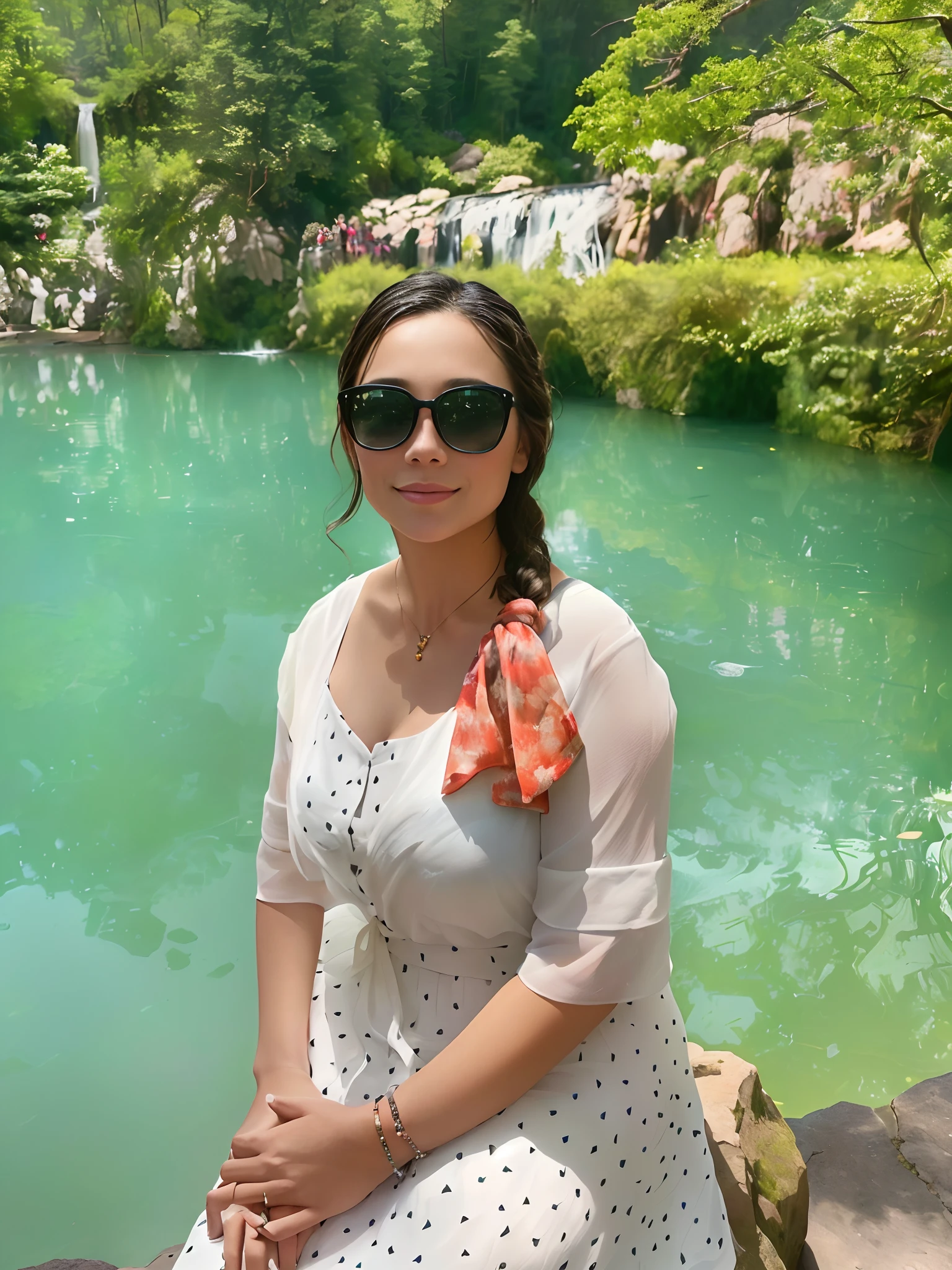 There was a woman sitting on a rock near the pond, photograph taken in 2 0 2 0, waterfall in background, standing next to water, vacation photo, river in the background, On a sunny day, Lake in the background, in lake, Gorgeous lady, beautiful lady, waterfall in background, next to a waterfall, fish in the background