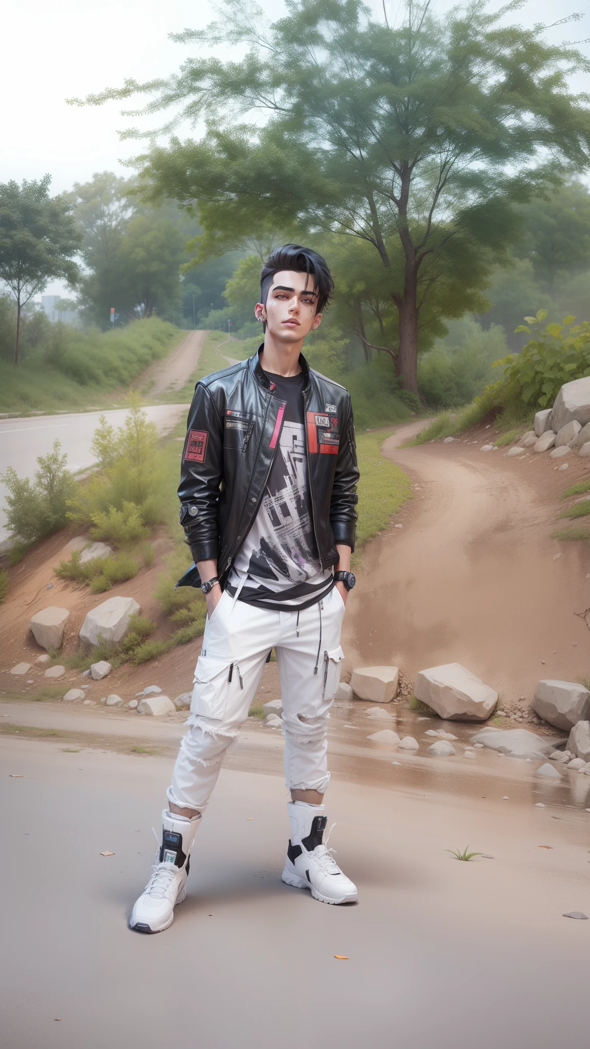 Changed background Cyberpunk handsome boy, realistic face