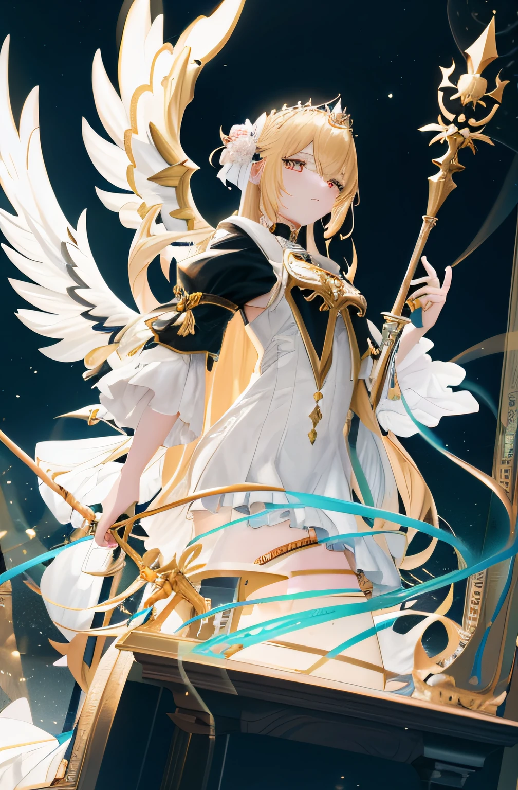 Anime - Stylized image of a woman with a golden cane and wings, red pupils,angel knight girl, Digital art on Pixiv, trending on artstation pixiv, Anime fantasy illustration, Guweiz in Pixiv ArtStation, zerochan art, Anime art wallpaper 8 K, Anime art wallpaper 4 K, Detailed key anime art, Anime art wallpaper 4k, Anime goddess,blond hairbl,(tmasterpiece:1.2), best qualtiy, (illustratio:1.2), (ultra - detailed), Hyper-detailing, (exquisitedetails), (complexdetails), (Movie light, Best quality backlight), 清晰的线条, from below, soloist, Perfect body, (1girll), Blonde hair and yellow eyes, (the emperor, Black sheer clothes), (tiara crown: 1.1), seated on a throne, , Head down, (is shy: 1.2 ), (putting makeup on), hight contrast, (best illuminate, Very creative and beautiful), (cinematric light), Colorful,contempt eyes,