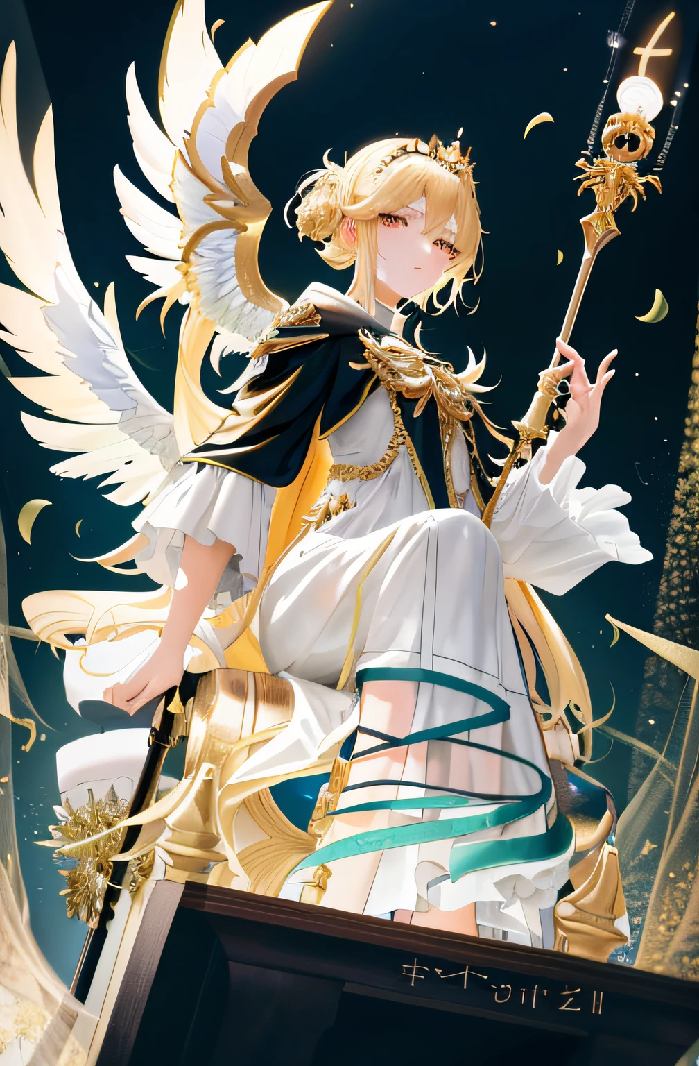 Anime - Stylized image of a woman with a golden cane and wings, red pupils,angel knight girl, Digital art on Pixiv, trending on artstation pixiv, Anime fantasy illustration, Guweiz in Pixiv ArtStation, zerochan art, Anime art wallpaper 8 K, Anime art wallpaper 4 K, Detailed key anime art, Anime art wallpaper 4k, Anime goddess,blond hairbl,(tmasterpiece:1.2), best qualtiy, (illustratio:1.2), (ultra - detailed), Hyper-detailing, (exquisitedetails), (complexdetails), (Movie light, Best quality backlight), 清晰的线条, from below, soloist, Perfect body, (1girll), Blonde hair and yellow eyes, (the emperor, Black sheer clothes), (tiara crown: 1.1), seated on a throne, , Head down, (is shy: 1.2 ), (putting makeup on), hight contrast, (best illuminate, Very creative and beautiful), (cinematric light), Colorful,contempt eyes,