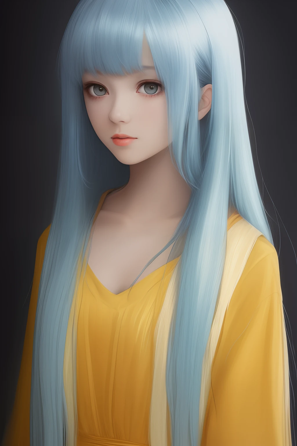 Long hair, light blue hair, yellow eyes