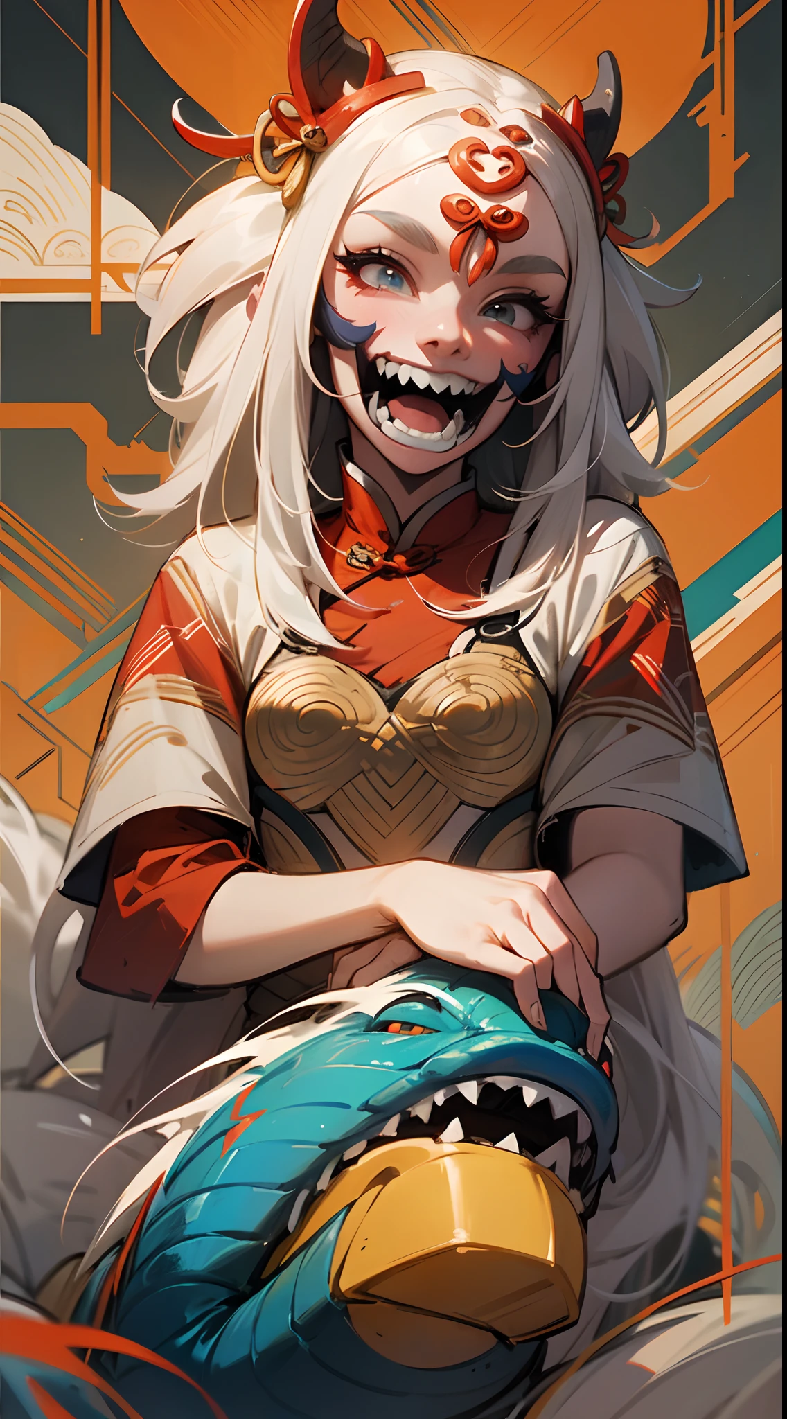 1girl, masterpiece, best quality, making friends with the Chinese dragon, fun, happy, bright, loong,