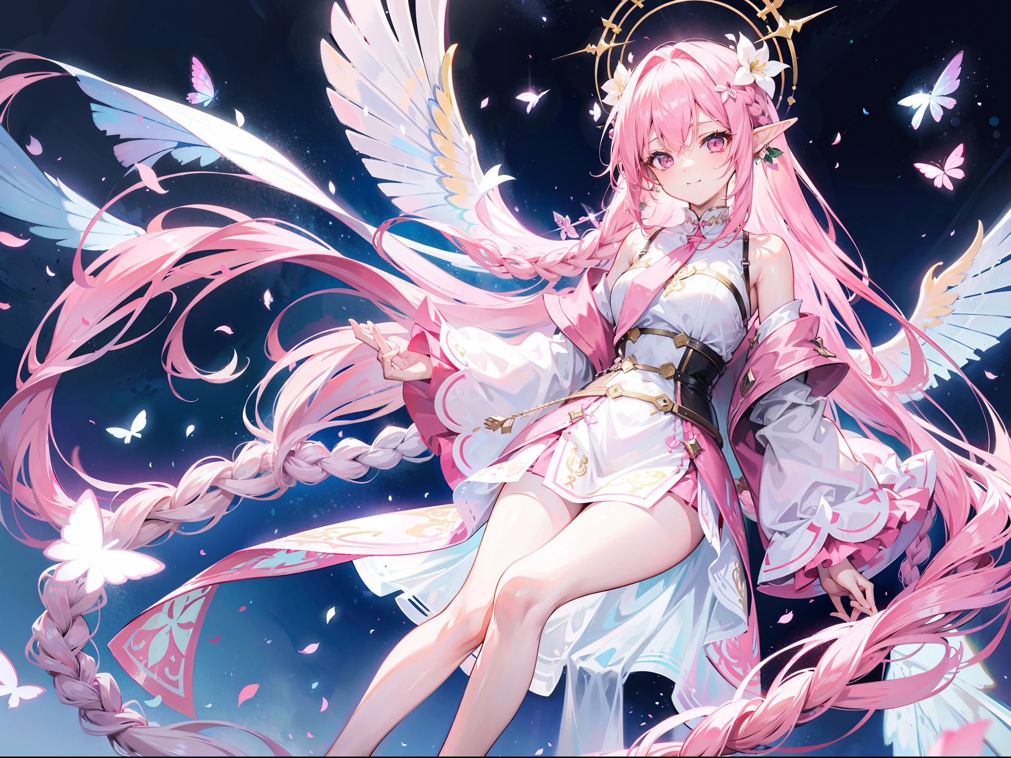 A beautiful pink-haired girl,Extremely long hair,Tie-double twisted braids,The hair color is white and pink,He wears a golden hairpin,Wear florets on each side,Wearing a white dress transparent gauze dress,The lower body is wearing white stockings,without wearing shoes,With a bright and healing smile,Sit in a radiant wonderland of mountains and rivers,The sky is shining,the elf,It has transparent wings,faeries