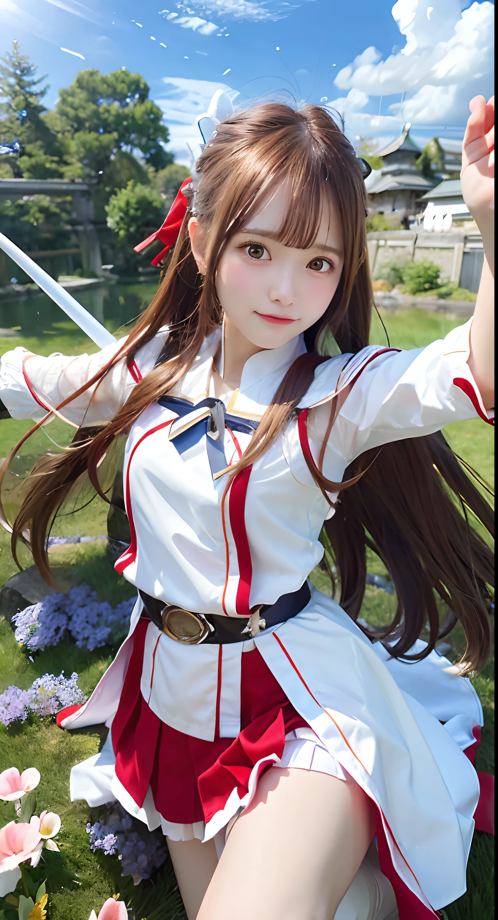 Asuna、The sword、Weapon Bearer、robe blanche、s Armor、floated hair、a red skirt、sword holding、outstretched arm、top-quality,lawn、blue-sky、suns、cowboy shot、look at viewr、cute little、japanes、a picture、hi-school girl