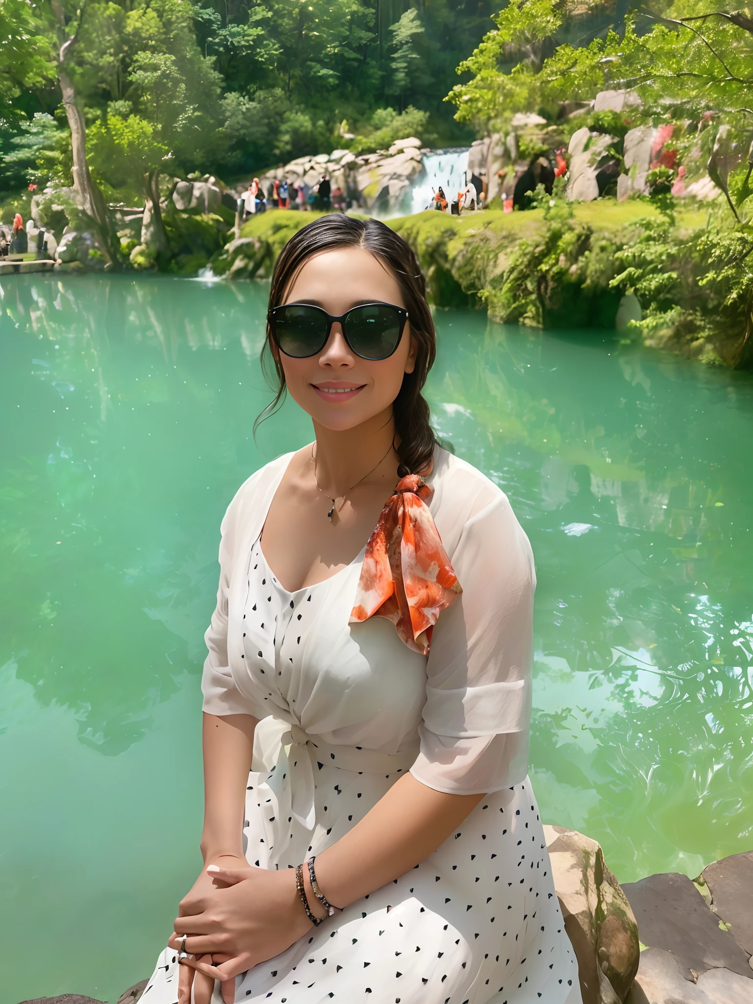 There was a woman sitting on a rock near the pond, photograph taken in 2 0 2 0, waterfall in background, standing next to water, vacation photo, river in the background, On a sunny day, Lake in the background, in lake, Gorgeous lady, beautiful lady, waterfall in background, next to a waterfall, fish in the background