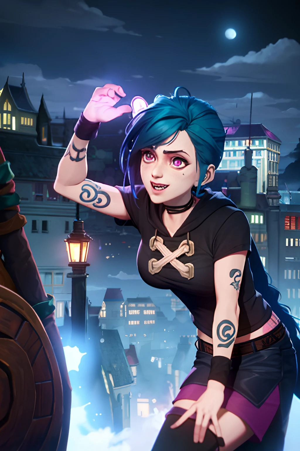Arcane style,1girl,arm tattoos,asymmetricalbangs,By bangs,blue hairs,pigtails,(Long black stockings,oversized boobs,hoody),cloud tattoo,looking at viewert,laughingly,frenzied,Uncontrollable laughter,Crazy look,the night,城市,Green hair,long whitr hair,Mid-abdomen,a pink eyes,lips in red,The shirt,独奏,standing on your feet,Tattooed with,Double up braid,The upper part of the body,arcane bad luck,doom\(league of legend\)