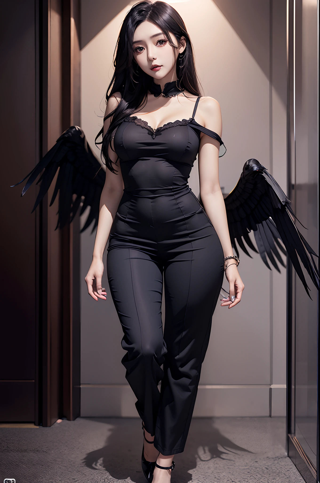 1girl, monstergirl, crow woman, full body, portrait, detailed (eyes), long (hair), perfect body, proportional body, crow|raven wings, deep look, (short dress and pants)