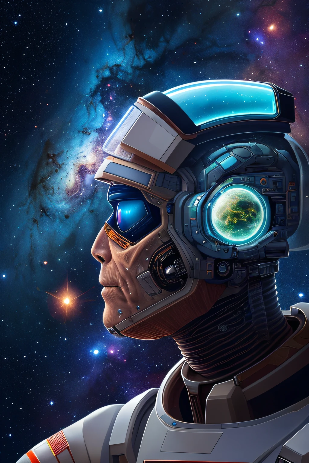 Detailed, complex portrait of a sci-fi Borg (astronaut: 1.2) floating in outer space, nebula, galaxy (jubbslineart_v2:1.0)