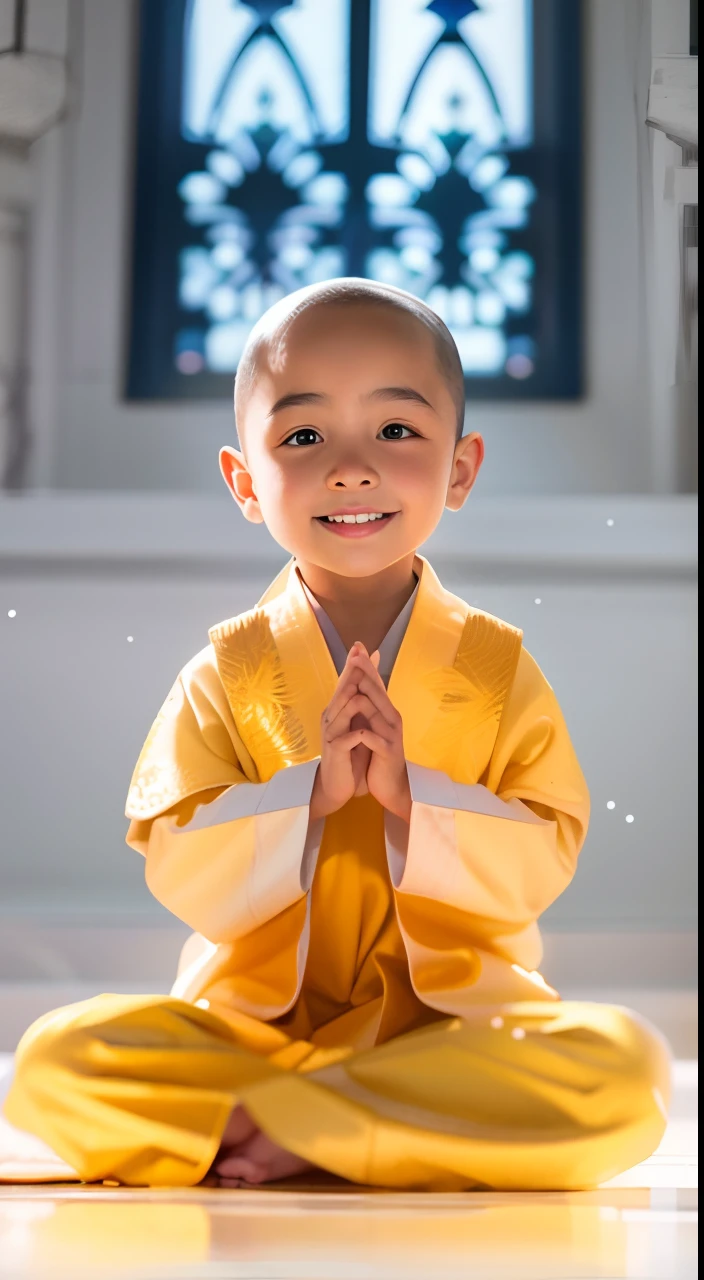 Sorria com olhos grandes，Close-up of a child sitting on the floor in a monk's robe, lovely digital painting, roupas de monge, Avatar de Aang, he is greeting you warmly, budista, Aang, Yanjun Cheng, arte conceitual de um monge, monge, Wojtek FUS, Monge budista, imagem bonita do avatar, Yan, garotinho vestindo roupa de freira, autor：Yu Zheding