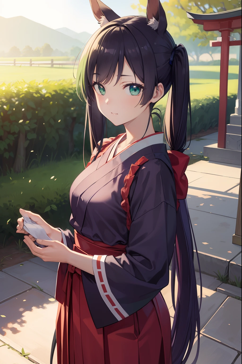 horse ear,Nozomi Tojo, Nozomi Tojo, (Green eyes:1.5), Purple hair, Twin-tailed, low twintails, Scrunchie, Long hair, Blake Hakama, Hakama skirt, Komono, shrine maiden, Red Hakama, BREAK looking at viewer, BREAK outdoors, shrines, BREAK (masutepiece:1.2), Best Quality, High resolution, Unity, (Illustration:0.8), (Beautiful detailed eyes:1.6), extra detailed face, Perfect Lighting, extremely details CG, (Perfect hands, Perfect Anatomy),