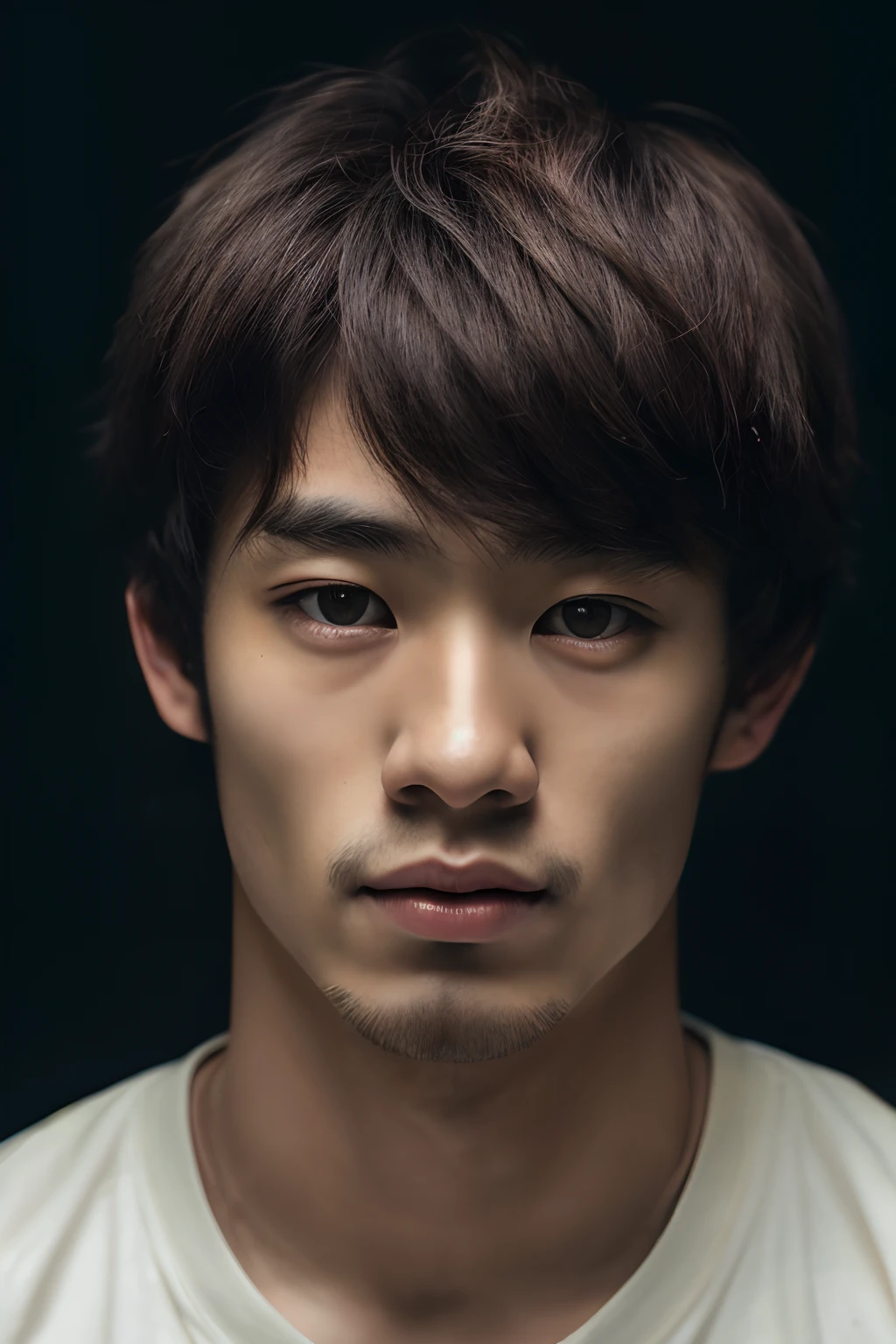 (close-up, editorial photograph of a 21 year old Japanese man), (highly detailed face:1.4) (smile:0.7) (background inside dark, moody, private study:1.3) POV, by lee jeffries, nikon d850, film stock photograph ,4 kodak portra 400 ,camera f1.6 lens ,rich colors ,hyper realistic ,lifelike texture, dramatic lighting , cinestill 800,