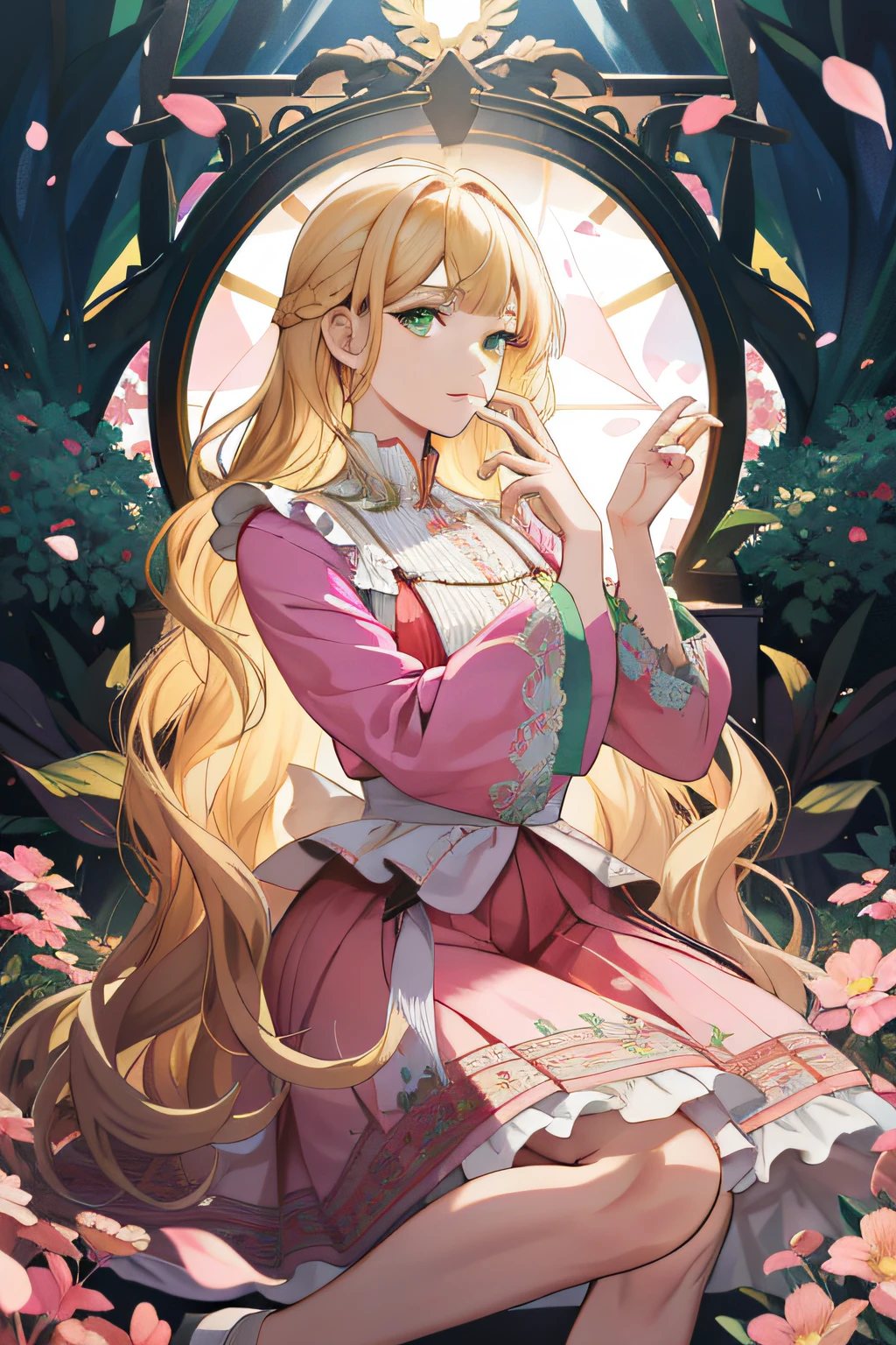 (absurdres, highres, ultra detailed), 1girl, mature female, wavy blonde hair, long hair, blunt bangs, green eyes, pink dress, finely detailed eyes and detailed face, extremely detailed CG unity 8k wallpaper, intricate details, BREAK , kaleidoscopic imagery, symmetrical patterns, vibrant colors, geometric shapes, mesmerizing designs, optical illusions, dynamic composition BREAK , pantomime art, expressive body language, silent storytelling, evocative gestures, visual narratives, theatrical performances BREAK , blooming flowers, colorful petals, fragrant scents, nature's bounty, vibrant gardens, peaceful scenery