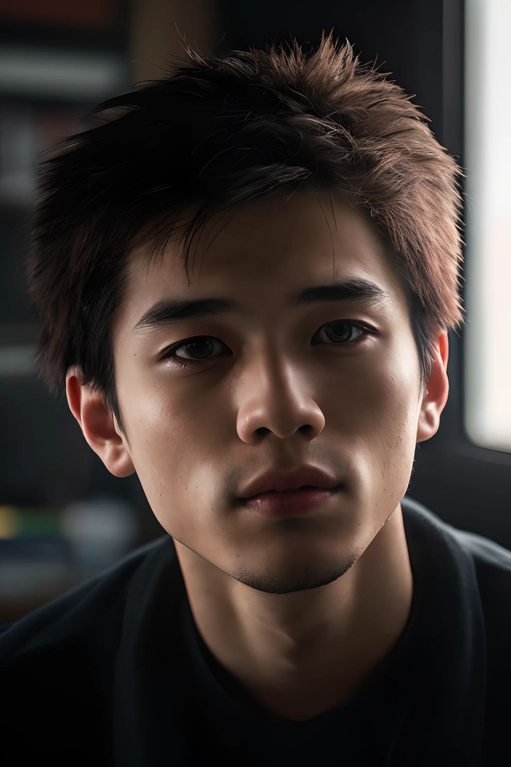 (close-up, editorial photograph of a 21 year old Japanese man), (highly detailed face:1.4) (smile:0.7) (background inside dark, moody, private study:1.3) POV, by lee jeffries, nikon d850, film stock photograph ,4 kodak portra 400 ,camera f1.6 lens ,rich colors ,hyper realistic ,lifelike texture, dramatic lighting , cinestill 800,