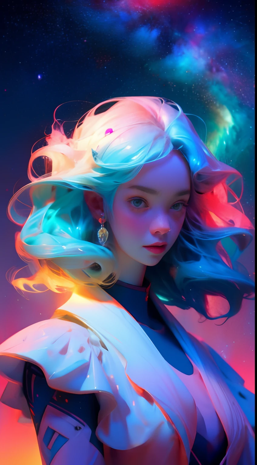 Close-up of a woman with colorful hair and necklace, anime girl with cosmic hair, soft vitality of Rossdraws, artwork in Guvez style, fantasy art style, colorful], vibrant fantasy style, Rossdraws cartoon full of vitality, cosmic and colorful, Guweiz, colorful digital fantasy art, stunning art style, beautiful anime style, white skin, Spider-Man costume,