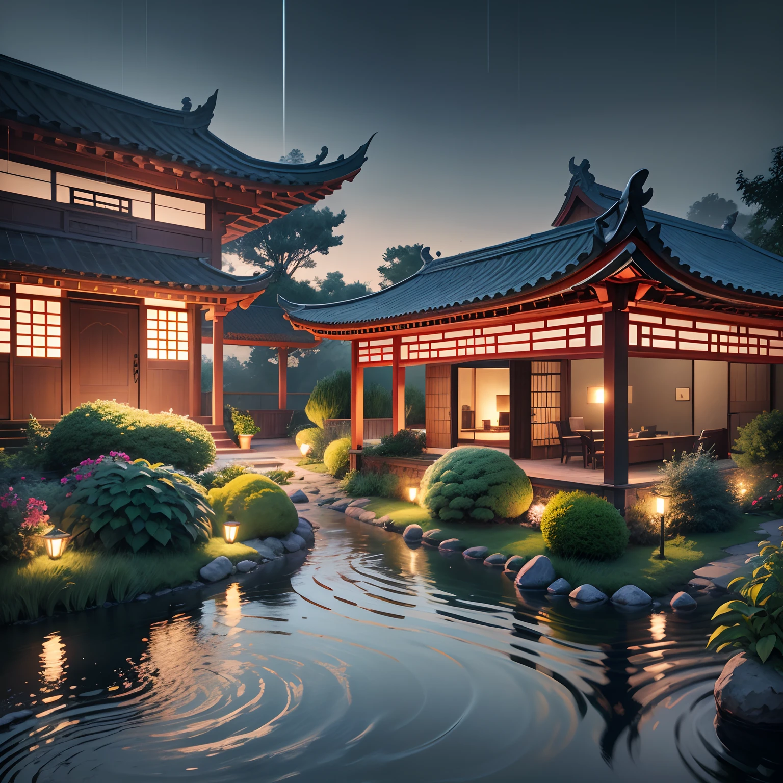 Chinese style house, Two floors, modern, Big roof, Modern materials, Large glass wooden door, Large patio, Natural garden, Aquarium, Dry garden, Small Stone Bridge, Green trees , Stone lamps, Chinese décor, Night scene, rainy evening, Moonlight, Enjoy the tea, peaceful scene, The view from the garden is great, Real pictures, deep colour, 8K, high detal , Beautiful and aesthetic, Photography, Cinematic, beautifully, Ultra Realistic Photo, amazing wallpapers