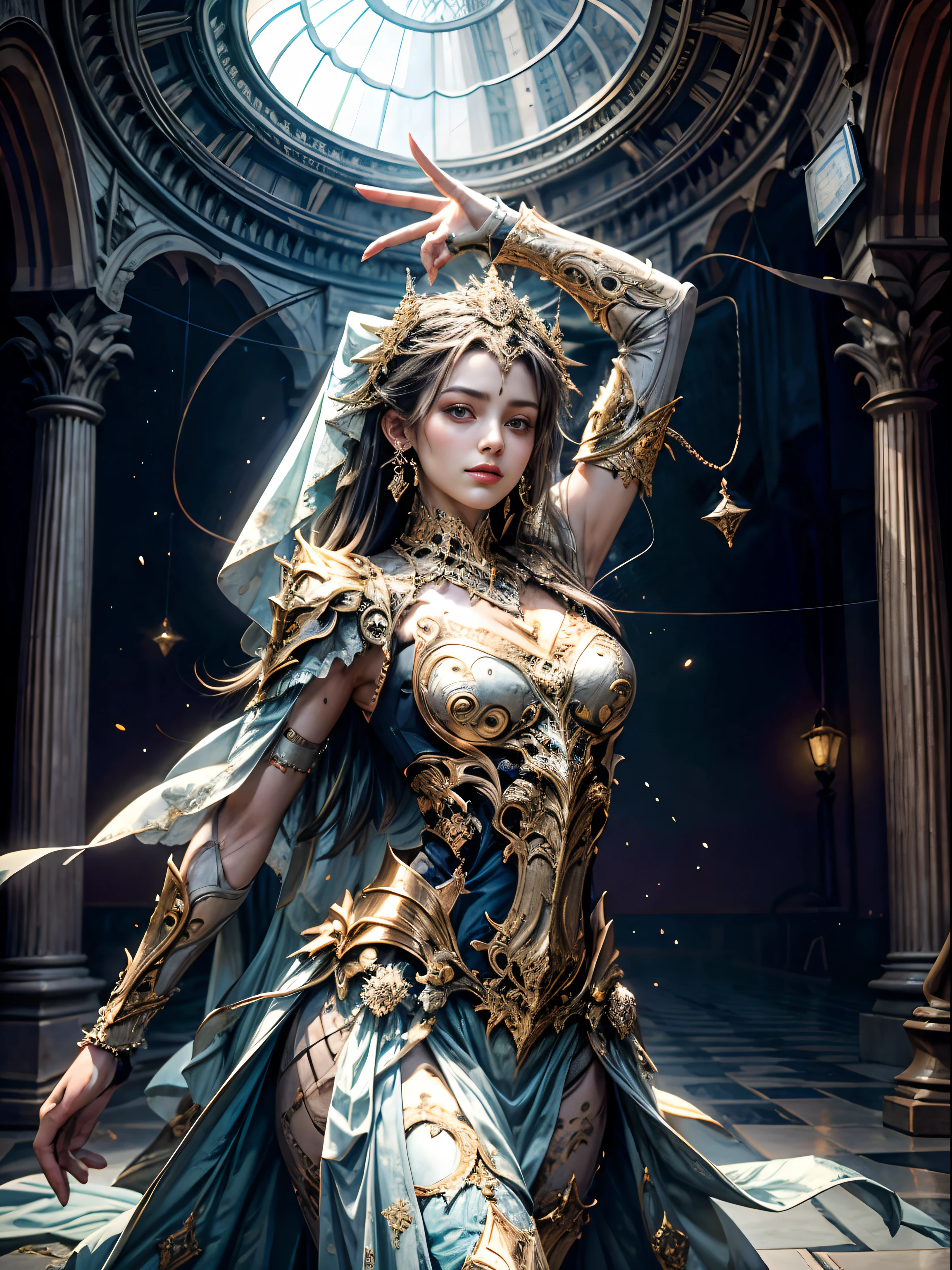 Realistic, Pakistan castle interior Legendary architecture environnement super detailed hyper realistic master piece. 18yo girl is dancing, her beautiful and cute face.