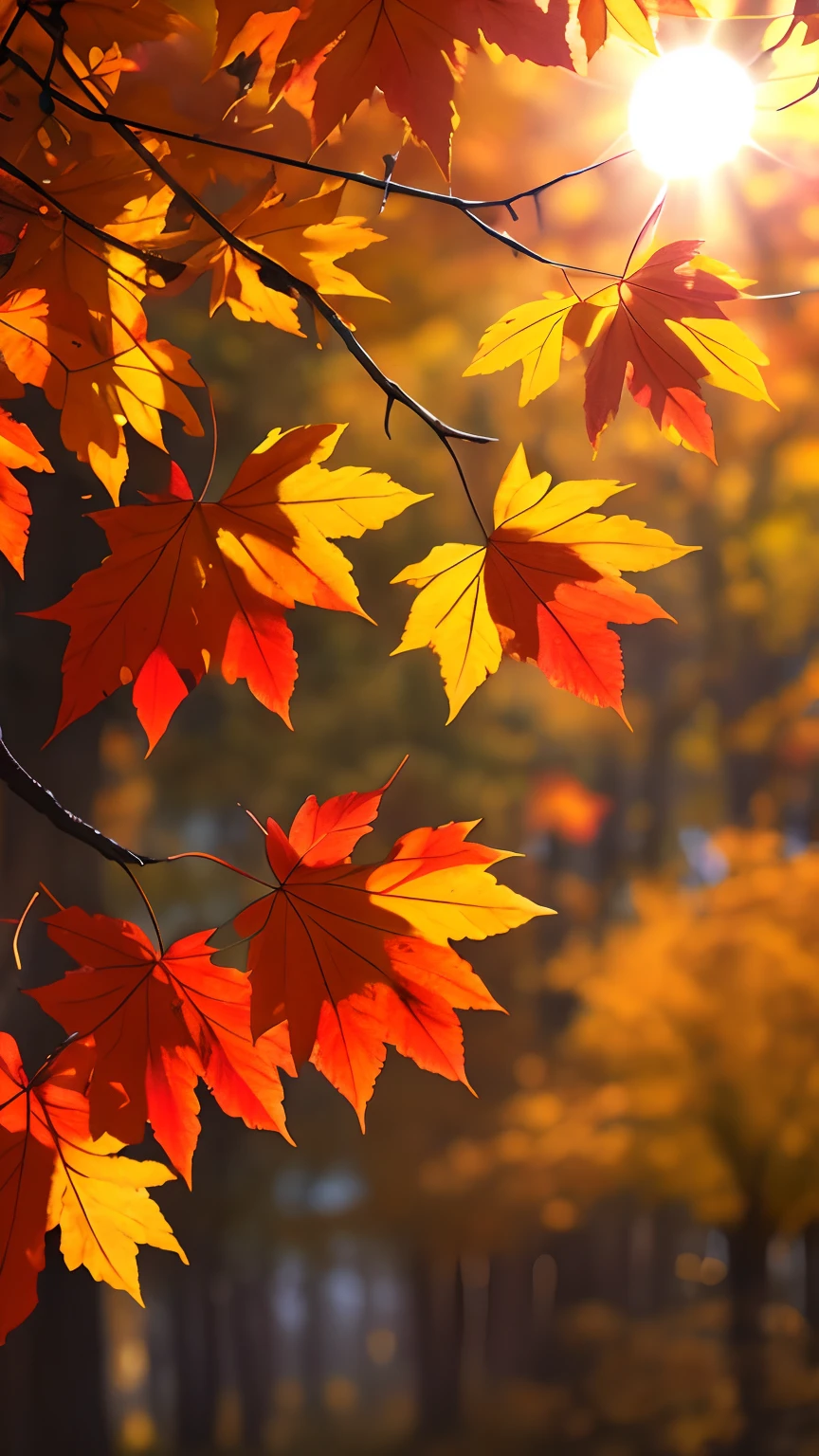 Autumn evening,Branches in the sun,Hang sunlight on the leaves,photorealestic,natural soft light,hyper-detailing,4k
