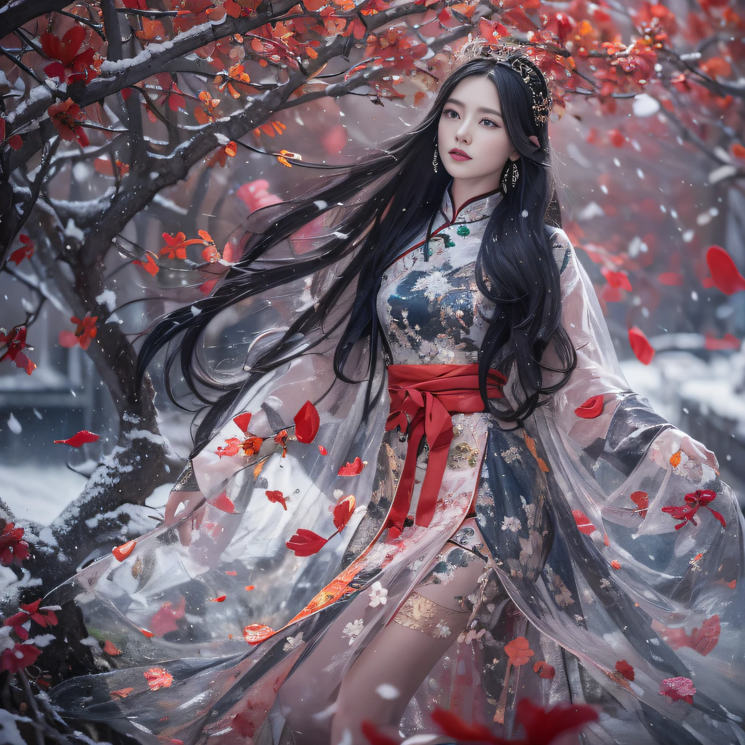 32K（tmasterpiece，k hd，hyper HD，32K）Long flowing black hair，ponds，zydink， a color，  Xuzhou people （Seduce girls）， （Red scarf in the snow）， Combat posture， looking at the ground， long whitr hair， Floating hair， Carp pattern headdress， Chinese long-sleeved silver cheongsam， （Abstract gouache splash：1.2）， Pink petal background，Tulips flying（realisticlying：1.4），Black color hair，Fallen leaves flutter，The background is pure， A high resolution， the detail， RAW photogr， Sharp Re， Nikon D850 Film Stock Photo by Jefferies Lee 4 Kodak Portra 400 Camera F1.6 shots, Rich colors, ultra-realistic vivid textures, Dramatic lighting, Unreal Engine Art Station Trend, cinestir 800，Long flowing black hair，see-through transparent clothes