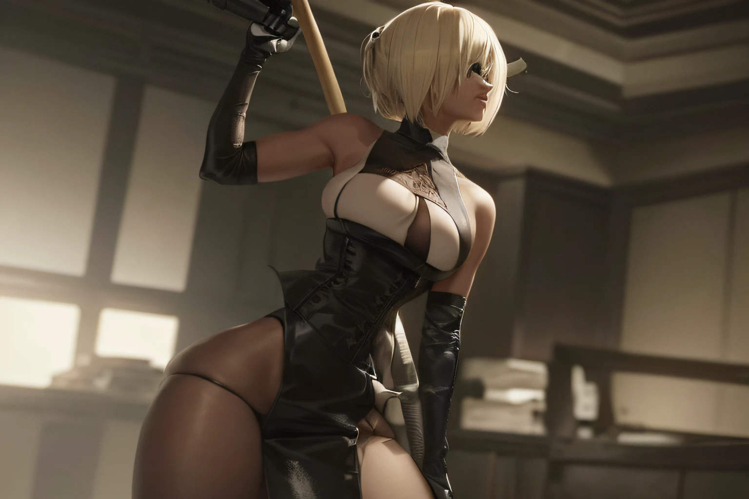 Blonde woman in black corset holding a baseball bat in a dark room, 2b, 2 b, 2b from nier automata, 2 b from nier automata, 2b Deny automata, Neil 2 B, film still of 2b nier automata, nier:automata inspired, nier : automata inspired, nier autoamata, nier automata