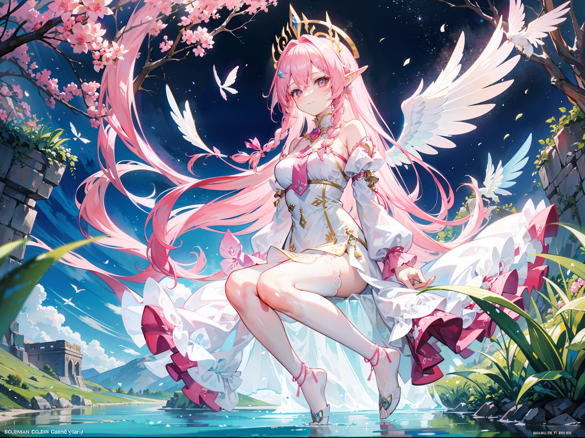 A beautiful pink-haired girl,Extremely long hair,Tie-double twisted braids,The hair color is white and pink,He wears a golden hairpin,Wear florets on each side,Wearing a white sheer gauze dress,The lower body is wearing white stockings,without wearing shoes,With a bright and healing smile,Sit in a radiant wonderland of mountains and rivers,The sky is shining,the elf,It has transparent wings,faeries