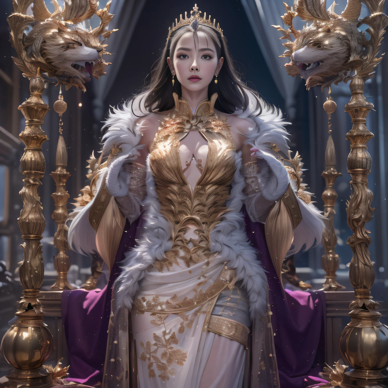 32K(tmasterpiece,k hd,hyper HD,32K)short detailed hair,Gold jewelry area in the back room,Flame Girl ,Yao Lang protector (realisticlying:1.4),Python pattern robe,Purple-pink tiara,Snowflakes fluttering,The background is pure,Hold your head high,Be proud,The nostrils look at people, A high resolution, the detail, RAW photogr, Sharp Re, Nikon D850 Film Stock Photo by Jefferies Lee 4 Kodak Portra 400 Camera F1.6 shots, Rich colors, ultra-realistic vivid textures, Dramatic lighting, Unreal Engine Art Station Trend, cinestir 800,Hold your head high,Be proud,The nostrils look at people