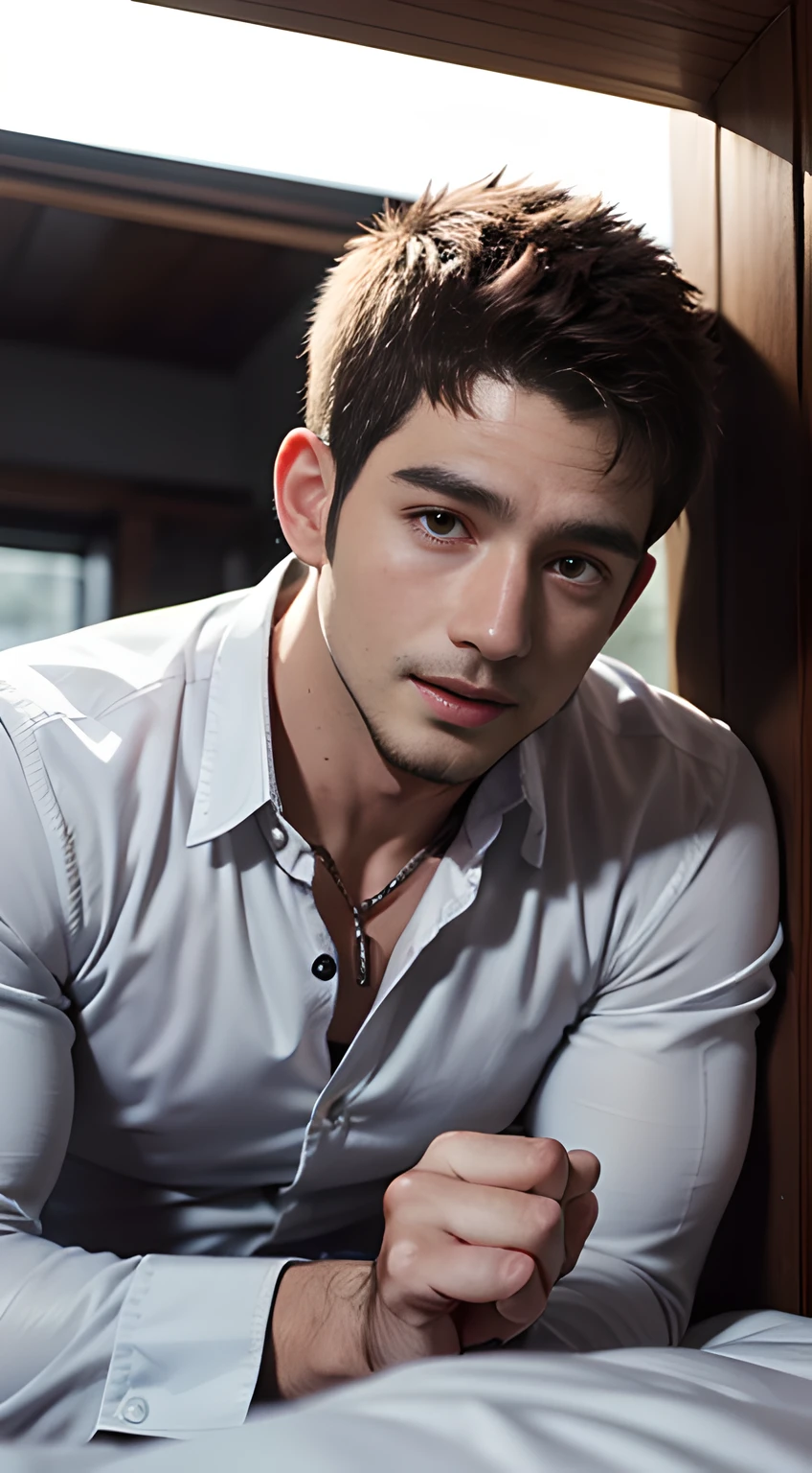 ((Men only)), (head shot), (face only), (lying down), (handsome muscular man in his 20s), (Chris Redfield), (dress shirt), (showing his abs), (Mischievous smile), (detaile: 1 in 1), Natural muscles, HIG quality, beautidful eyes, (Detailed face and eyes), (Face、: 1 / 2), Noise, Real Photographics、... .................................................................................................................PSD, Sharp Focus, High resolution 8K, realisitic & Professional Photography, 8K UHD, Soft lighting, High quality, Film grain, FujifilmXT3