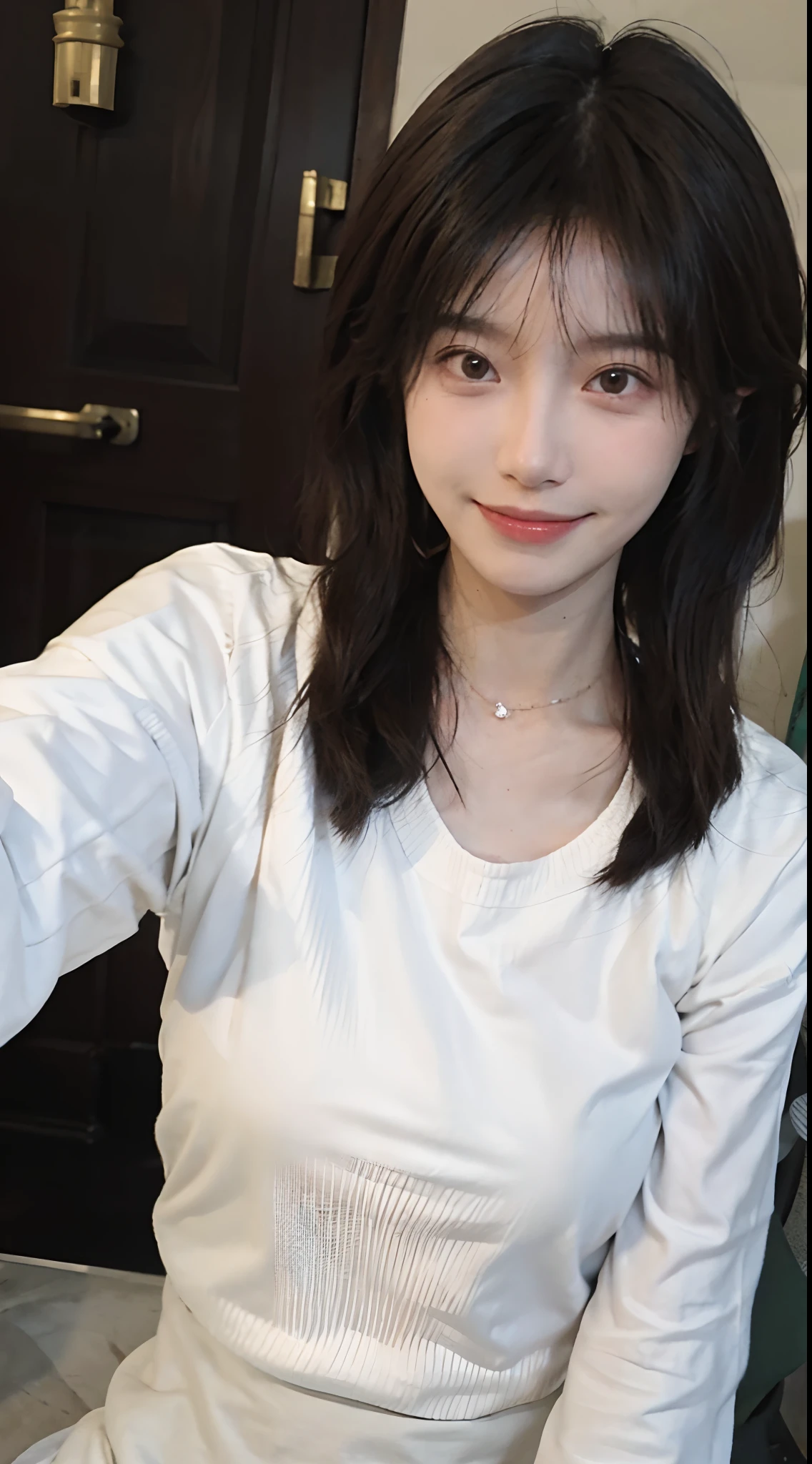 best qualtiy， 超高分辨率， （realisticlying：1.4），cute hairpin，Baoyu Girl，1girll，,Cropped red sweater ，，Beautiful woman with a slim figure:1.4, Abs:1.1, (A brown-haired, mideum breasts:1.3), 浴室,Ultra-fine face，Elaborate Eyes，二重まぶた，ssmile，choker necklace