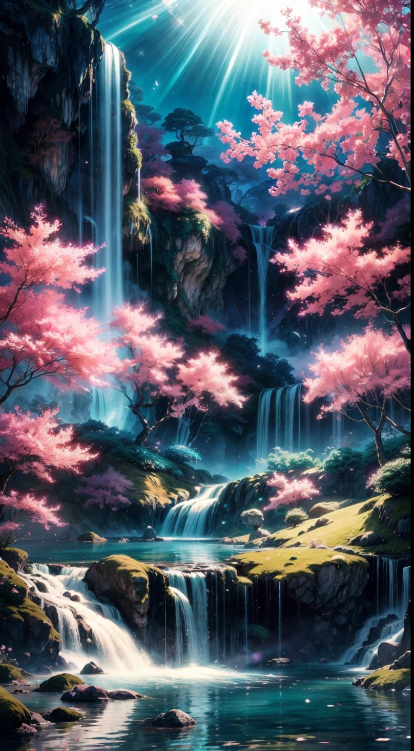 Envision a mesmerizing scene of a magnificent realm of romantic dreams. The environment is filled with intricate floating islands, fluffy clouds, waterfalls cascading from the floating islands, and a vibrant, surreal atmosphere. The atmosphere is filled with a sense of wonder and tranquility. Include many shades of pink in the image along with other vibrant jewel-toned hues. This scene will be depicted in an anime-style illustration, with soft lines, pastel colors, and a whimsical touch. All buildings are extremely detailed and elegant. The artwork will capture the ethereal beauty and tranquility of the dreamlike realm, creating a sense of harmony and escape from the ordinary world. Include teal water, colorful watercolor skies, glowing elements, and many small fantasy details including iridescence, expertly created majestic landscapes, and shimmer and glimmer. Above all else, this should look like a fantasy artwork. Include lots of vibrant color and vaguely surreal details.