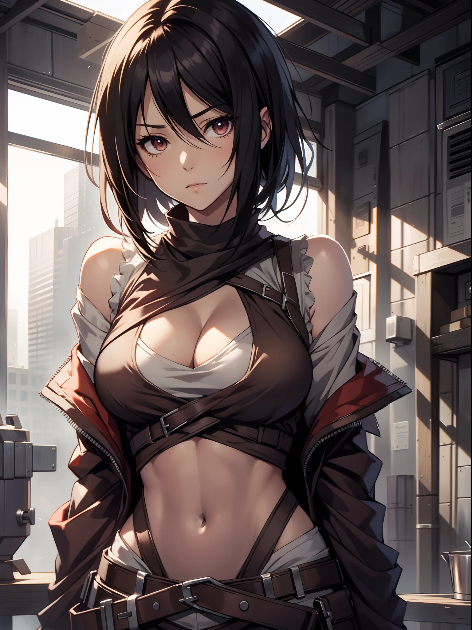 Mikasa_ackerman,solo person,byself,Off-the-shoulder clothing,muscline,cleavage,nabel,open waist,Abs,Vest line,Off-the-shoulder attire,