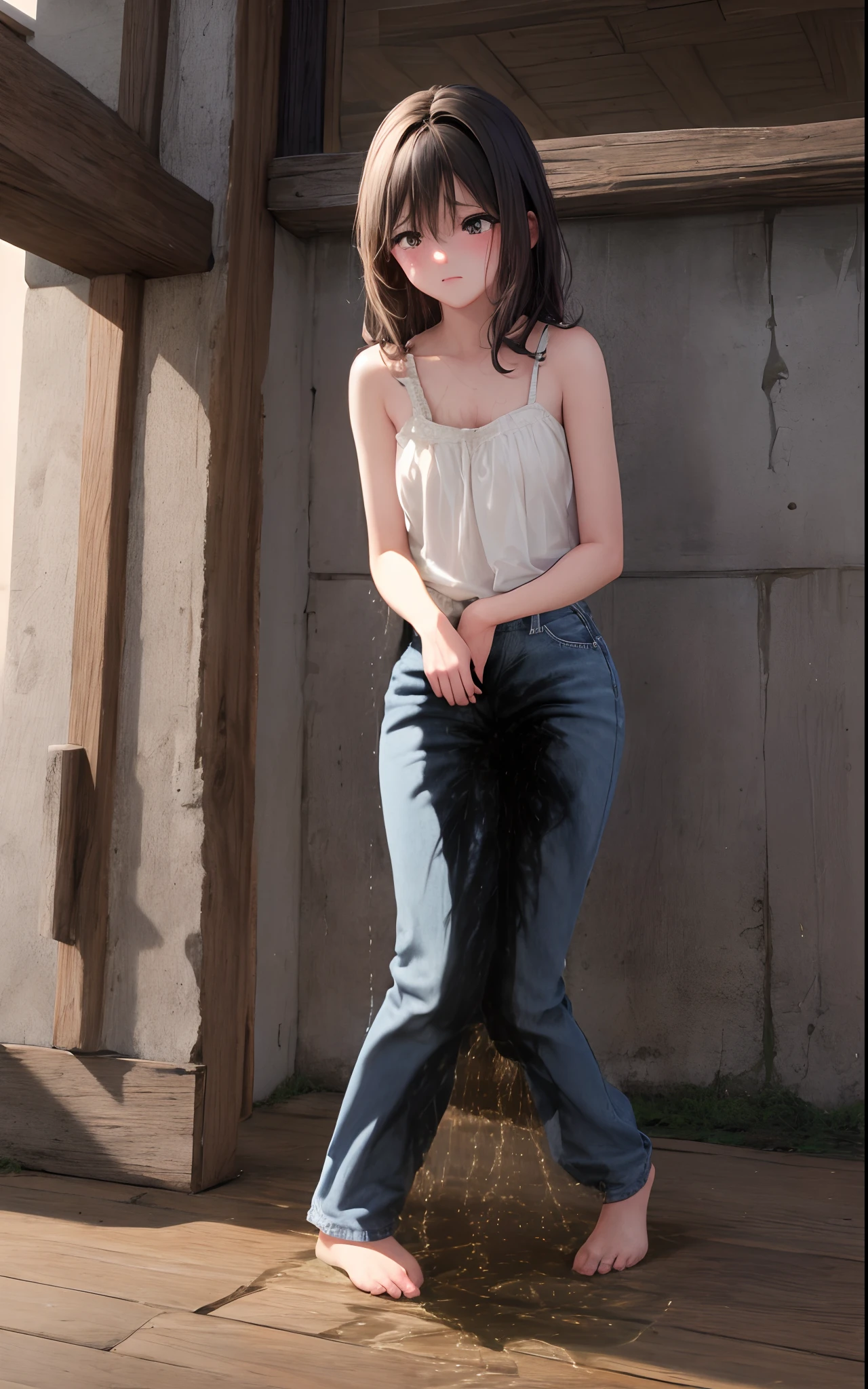 best quality, masterpiece, highres, realistic, 8k, soft lighting, cinematic lighting, 1girl, 20 years old, jeans pants, full body, blush, worried, topless, barefoot, have to pee, ((((((pee stain))))))
