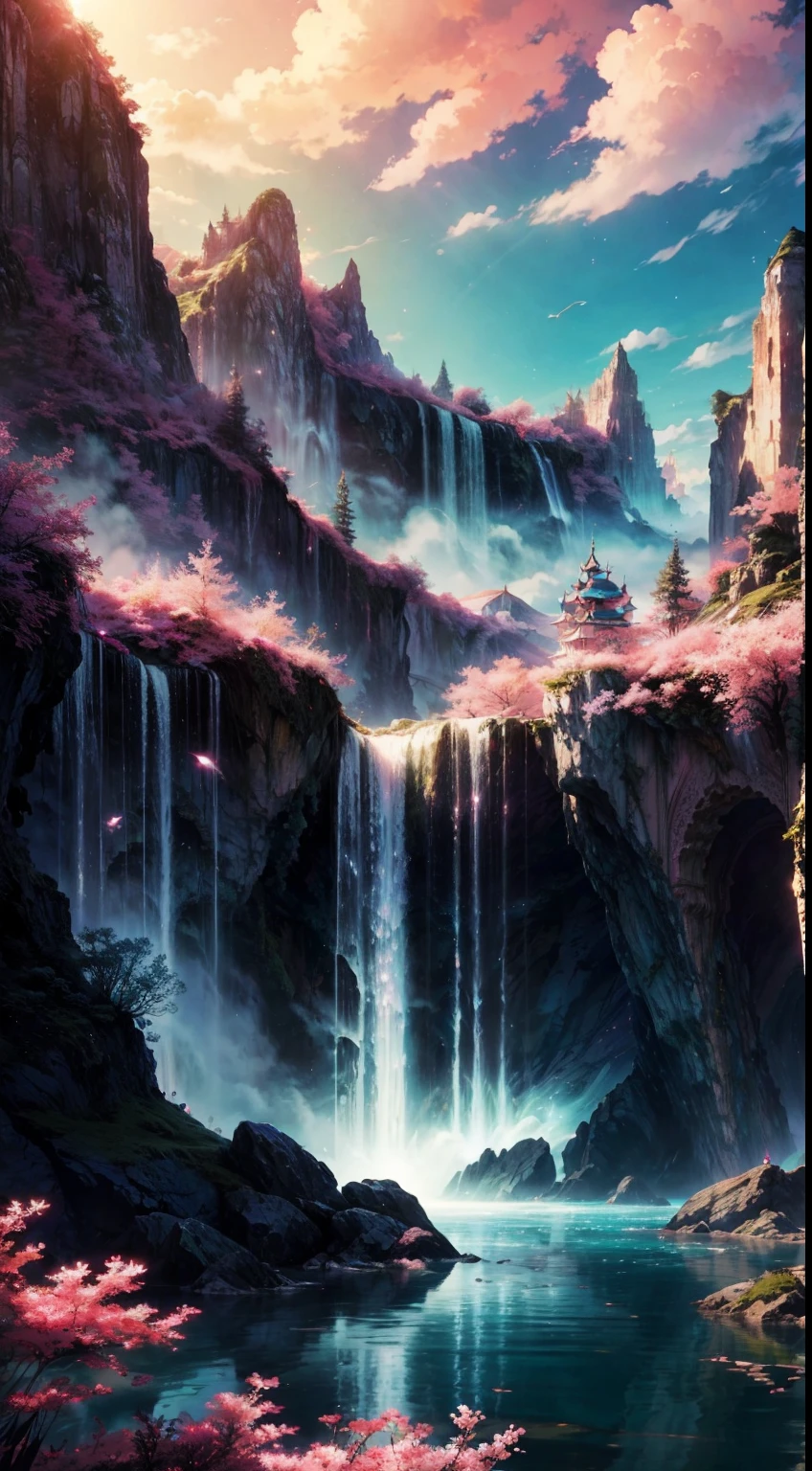 Envision a mesmerizing scene of a magnificent realm of romantic dreams. The environment is filled with intricate floating islands, fluffy clouds, waterfalls cascading from the floating islands, and a vibrant, surreal atmosphere. The atmosphere is filled with a sense of wonder and tranquility. Include many shades of pink in the image along with other vibrant jewel-toned hues. This scene will be depicted in an anime-style illustration, with soft lines, pastel colors, and a whimsical touch. All buildings are extremely detailed and elegant. The artwork will capture the ethereal beauty and tranquility of the dreamlike realm, creating a sense of harmony and escape from the ordinary world. Include teal water, colorful watercolor skies, glowing elements, and many small fantasy details including iridescence, expertly created majestic landscapes, and shimmer and glimmer. Above all else, this should look like a fantasy artwork. Include lots of vibrant color and vaguely surreal details.